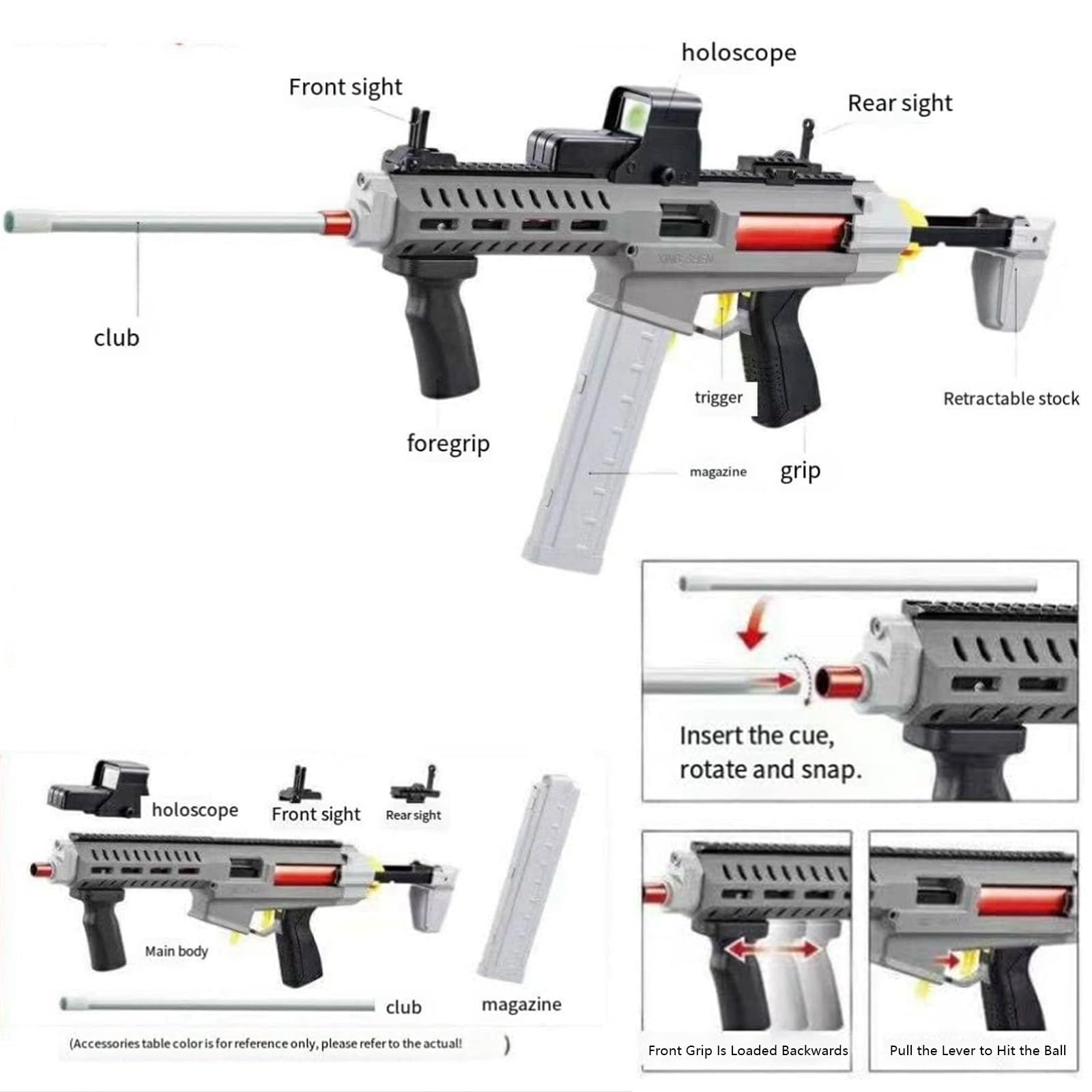 Pistolet kijowy do basenu, automatyczny pistolet do basenu Bezproblemowy precyzyjny strzał z regulacją odległości, kij do basenu dla miłośników bilardów (szary, typ B)