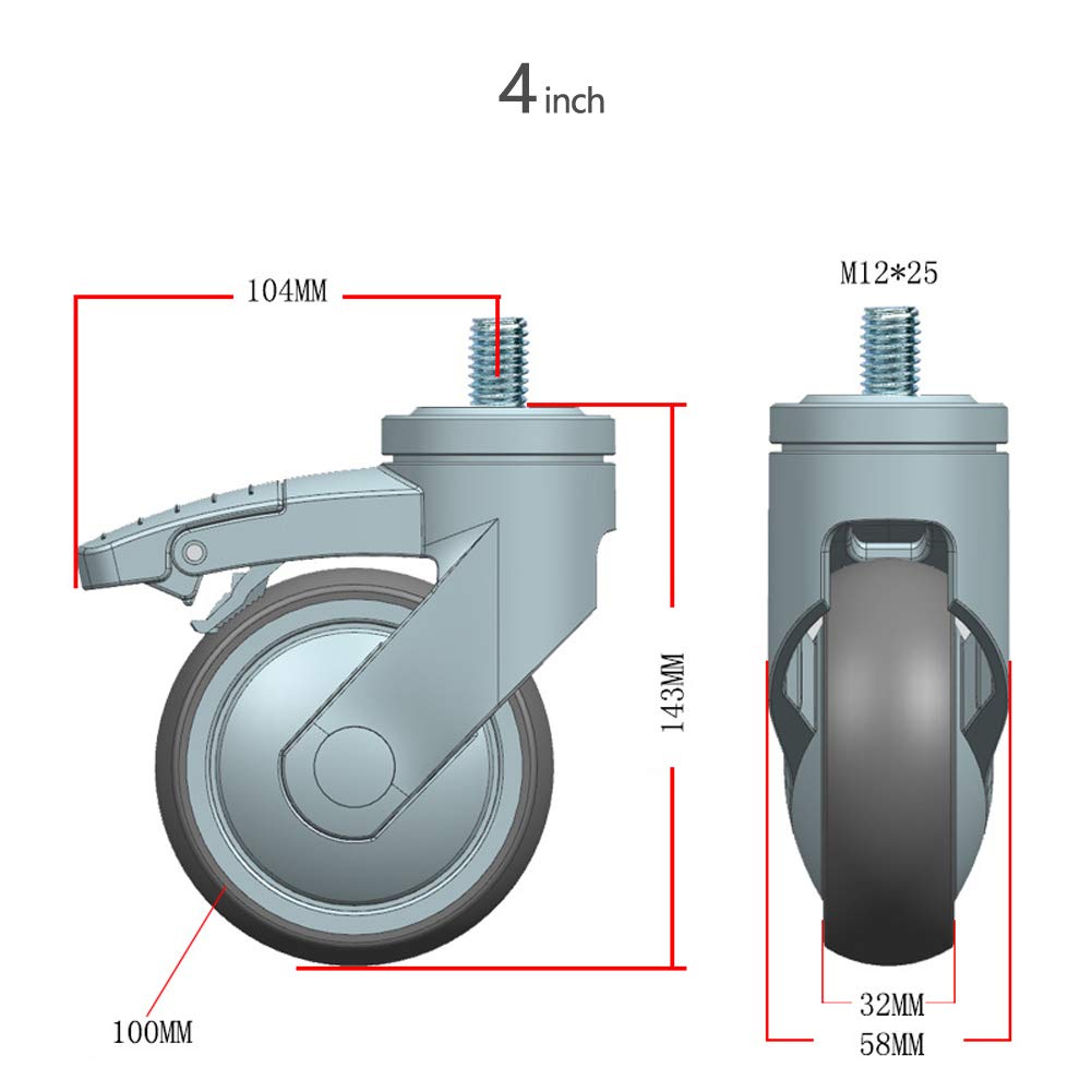 4 '' 100 mm Filettatura M12 Ruote mediche Gomma Ruote piroettanti TPR silenzioso universale Ruote girevoli con freno Robusto 400kg per l'ospedale Strumento di bellezza Carrello Letto di cura 4 Pz