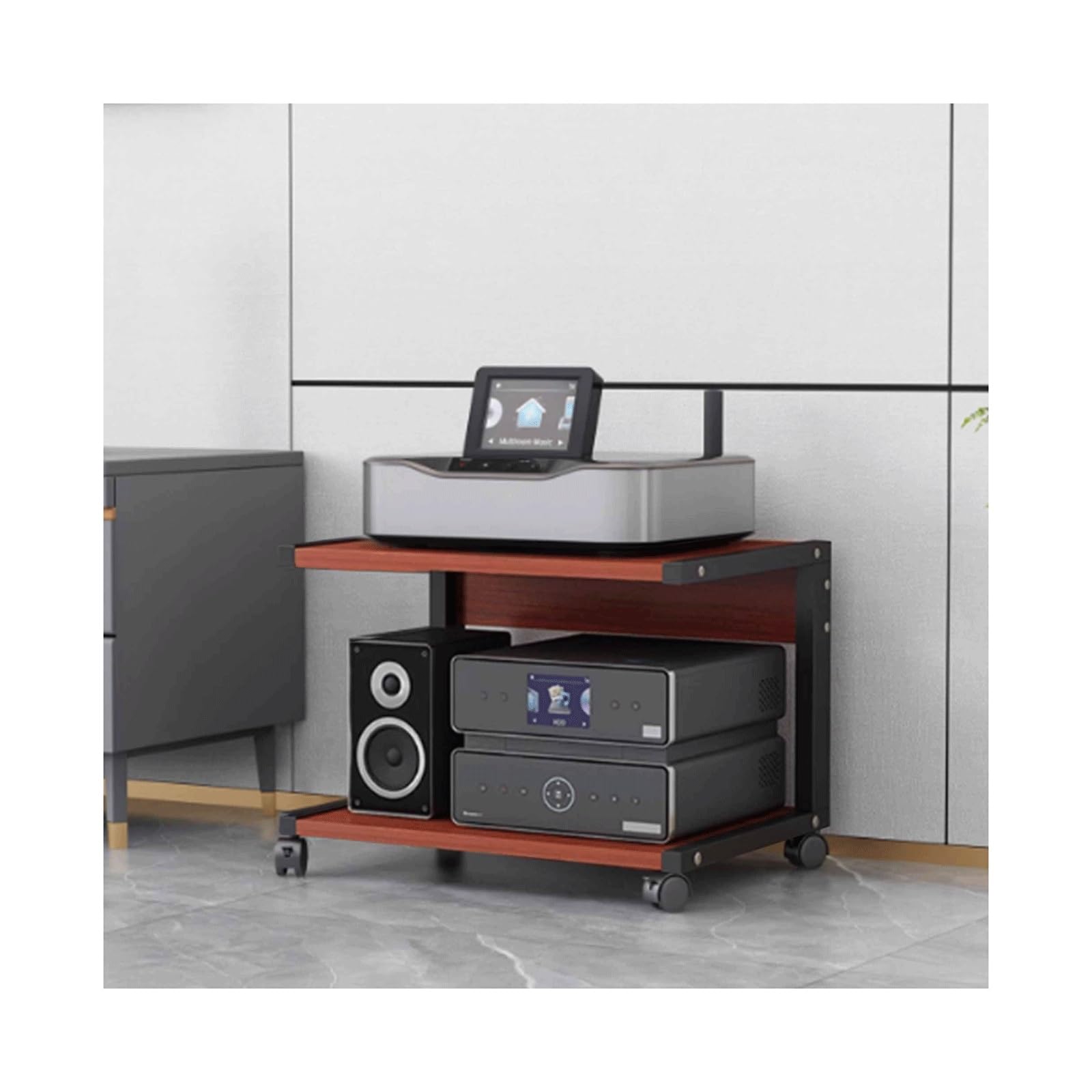Nowoczesny stojak multimedialny AV, 2-poziomowy z kółkami, drewniana wieża audio, stylowa szafka stereo na konsole do gier i systemy rozrywkowe