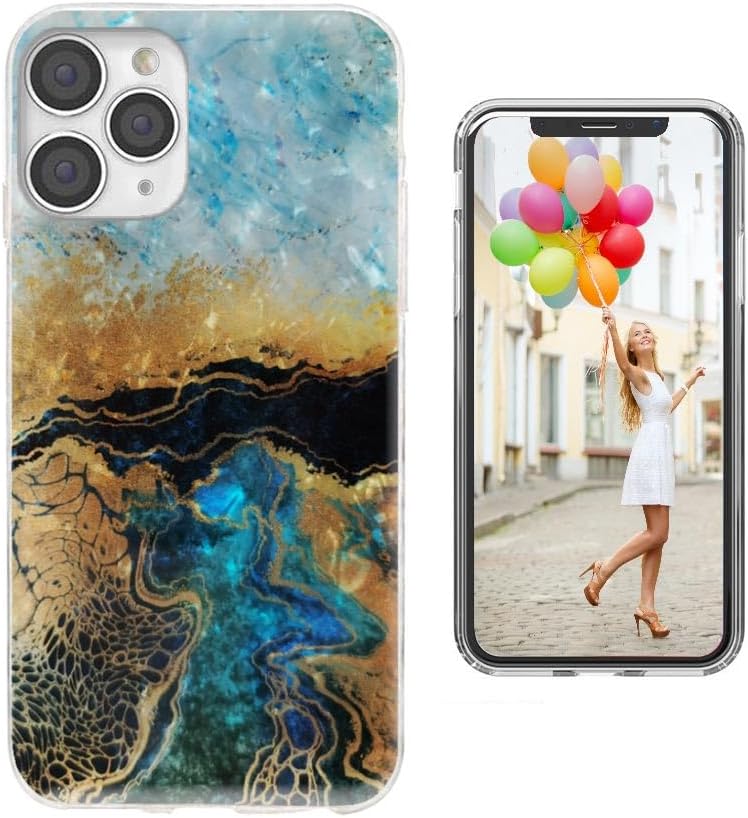 for iPhone 12/12 Pro Case, Slim Soft TPU Full Protective Clear Phone Cover with Art Design, Glitter Sparkle Shiny Pearl Luster Blue Gold Marble - Image 3