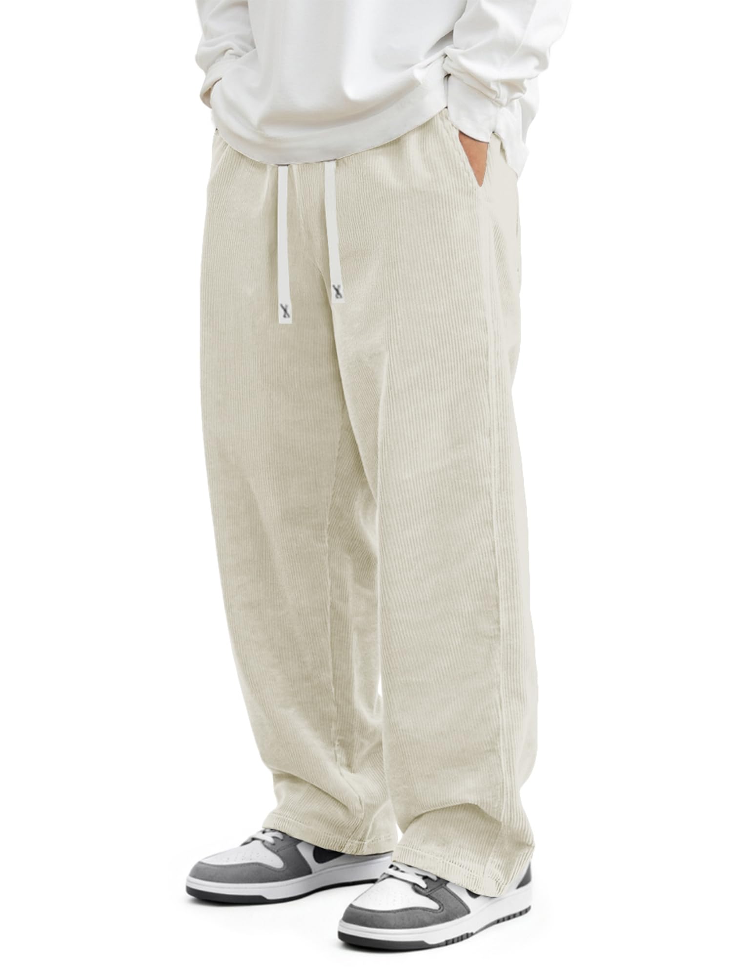 Mens Corduroy Pants Casual Baggy Pants Wide Leg Loose Fit Joggers Sweatpants Elastic Waist Drawstring with Pockets
