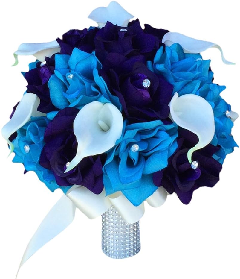 Angel Isabella 10" Large Bridal Bouquet - Turquoise Eggplant Purple Rose. Calla Lily Arrangement