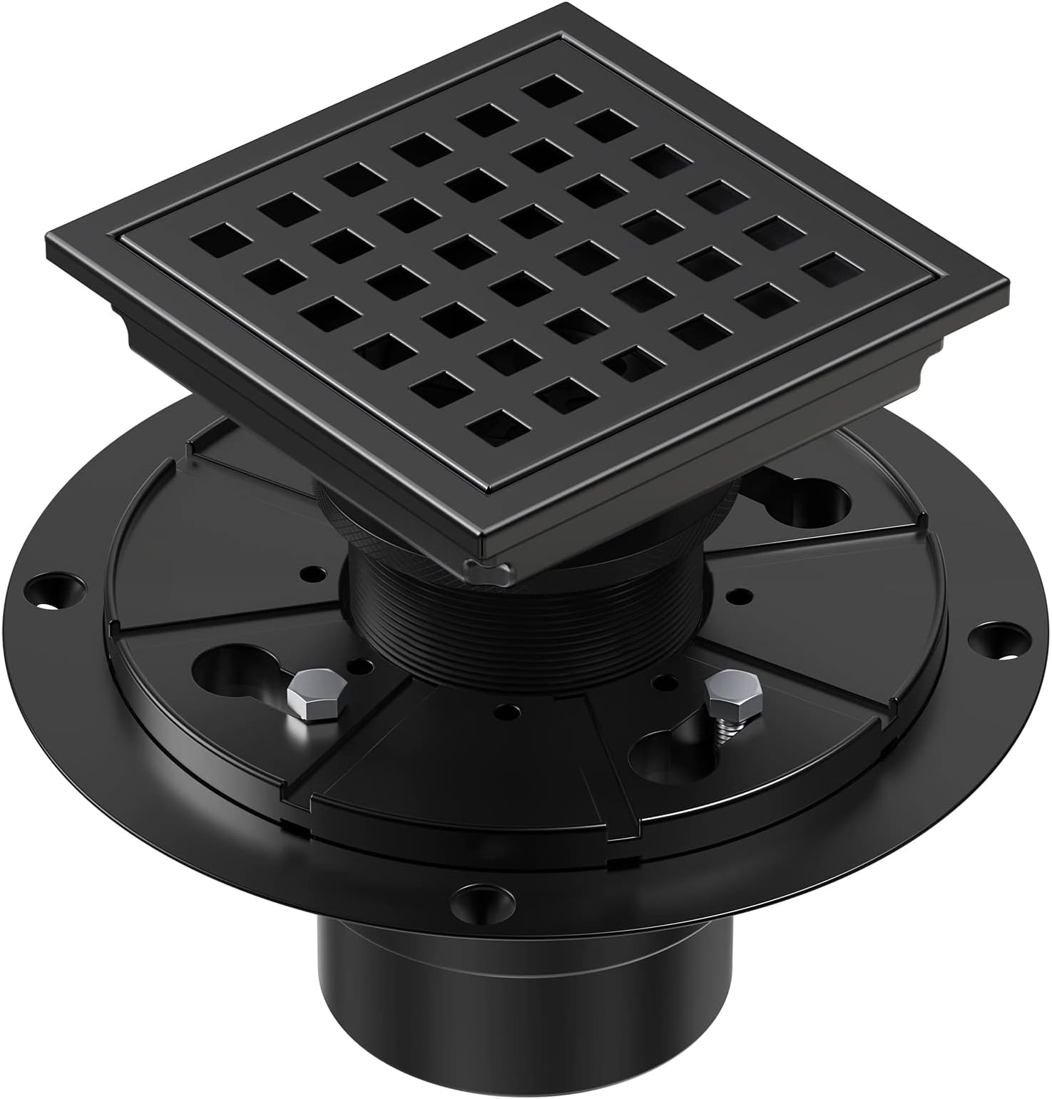 CIFOX 4 Inch Black Shower Drain Square with Flange Removable Quadrato Grid Pattern, Brushed 304 Stainless Steel, Includes Floor Drain Base Hair Strainer, Watermark & CUPC Certified, Matte Black