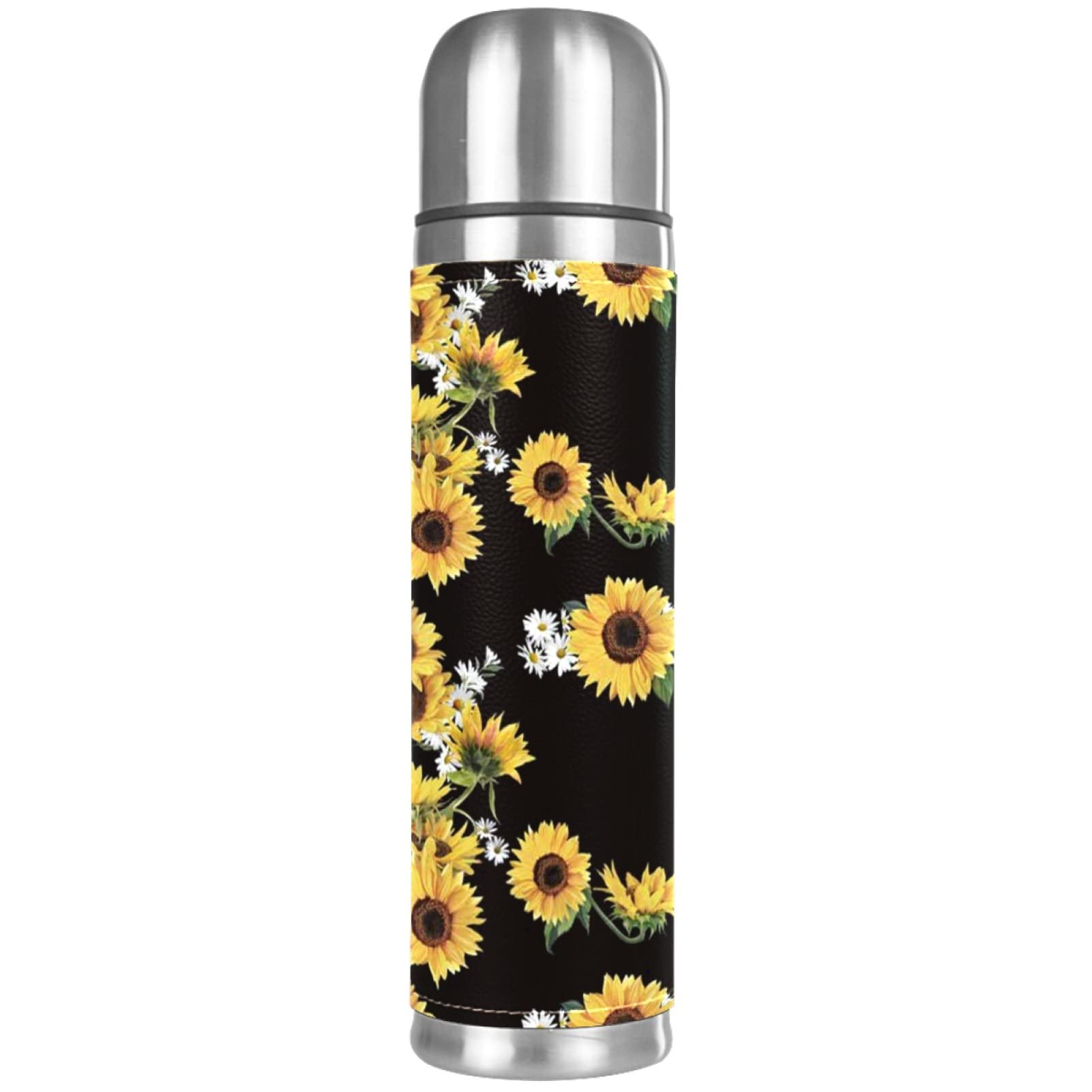 coosun Sunflower Pattern Stainless Steel Flasks Water Bottle Vacuum Insulated Cup Leak Proof Double Vacuum Bottle, PU Leather Travel Thermal Mug,17 oz