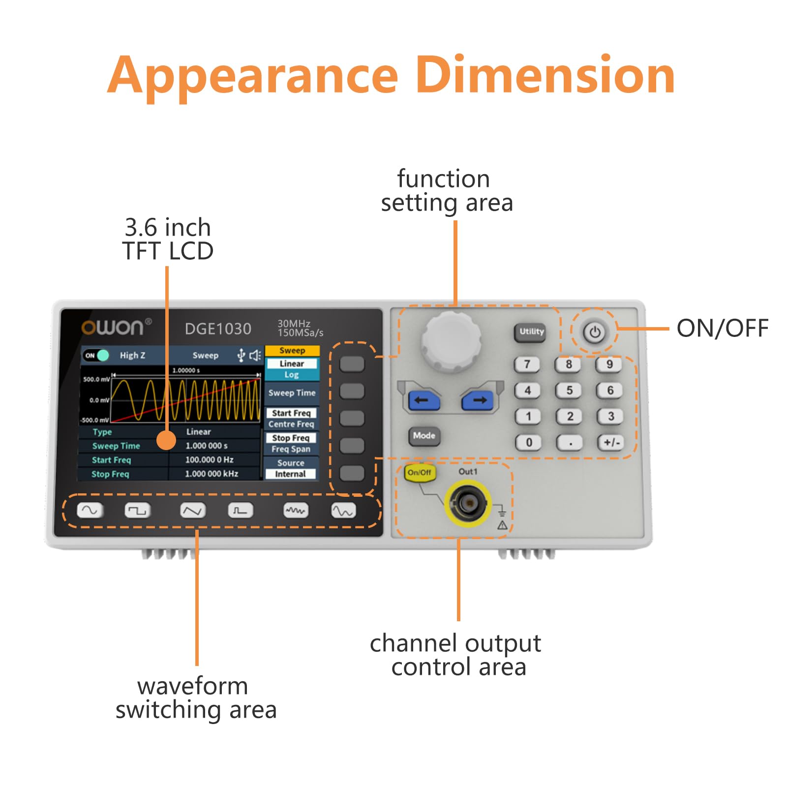 OWON DGE1030 - Minigenerador de señal arbitraria de 3,6 pulgadas, 14 bits, AM, FM, PM, modulación FSK, soporte SCPI