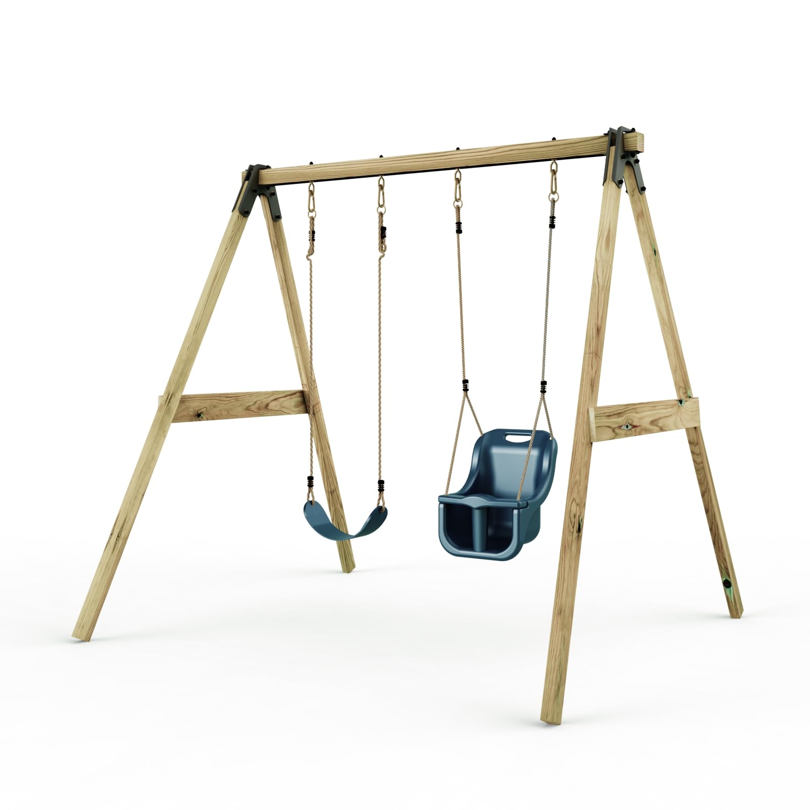 Rebo Blue Glide Wooden Double Swing Set With Two Swing Seats – Tulip (Navy Belt & Baby Swings) | Outdoortoys | Kids Outdoor Wooden Play Equipment For Gardens, Frame & Accessories Included