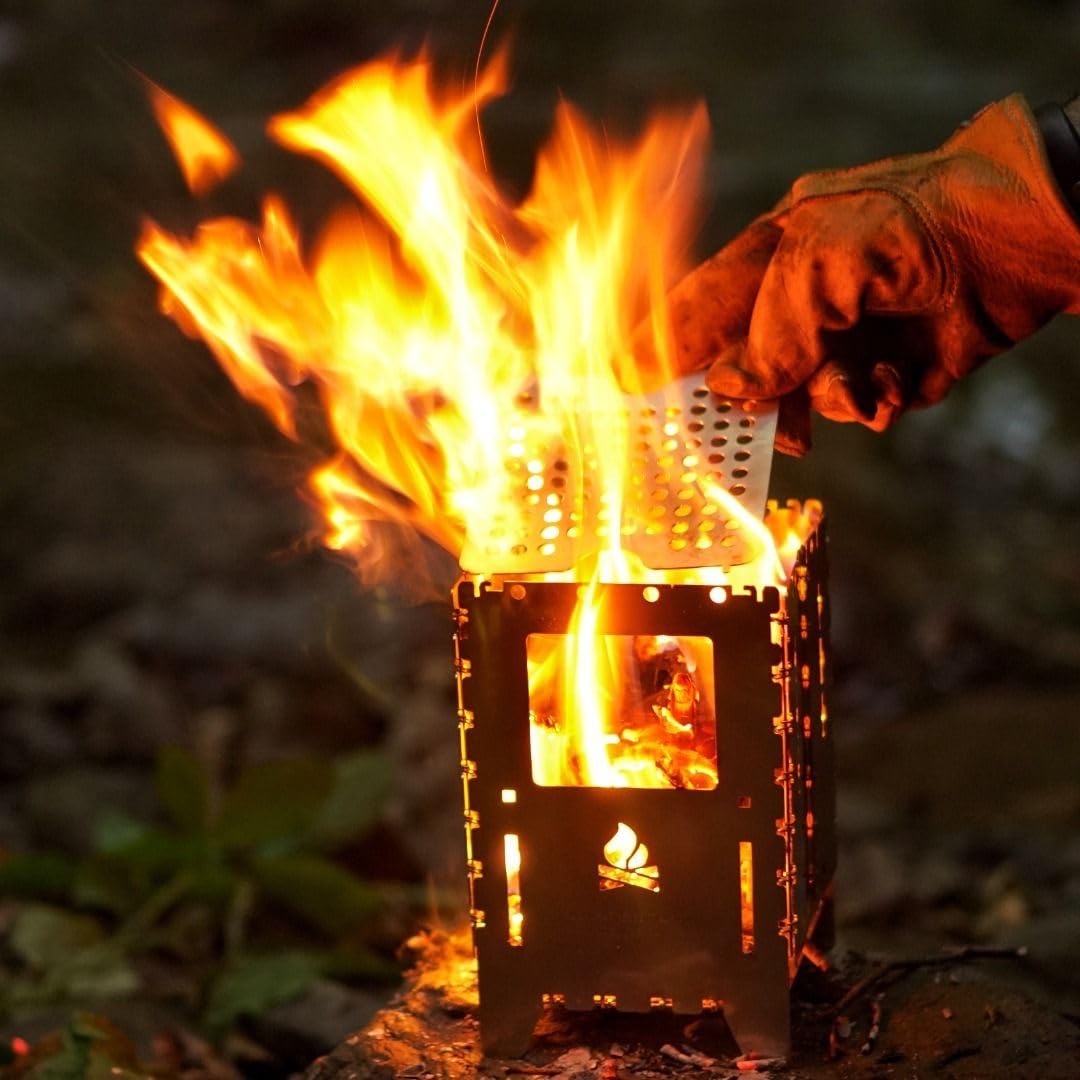 BUSHBOX XL zestaw premium kuchenka outdoorowa, hobo, kuchenka kempingowa, na drewno, gaz, spirytus, składana, kompaktowa, stal nierdzewna, z akcesoriami, uniwersalny ruszt XL, skórzane etui