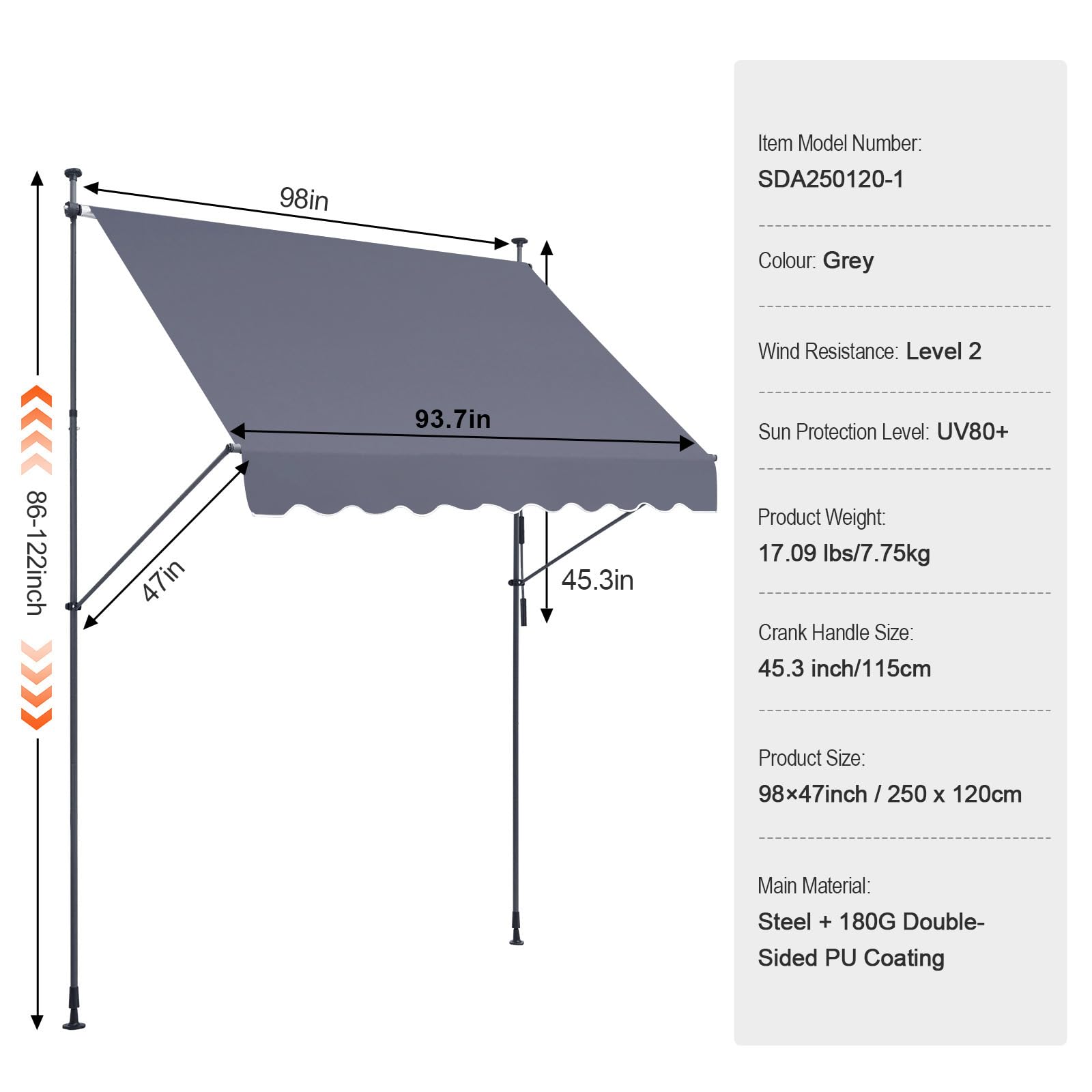 VEVOR Tenda da Terra Retrattile 250 x 120 cm Tenda Manuale con Manovella, Altezza Regolabile 218-310 cm Tenda da Sole per Balcone Esterno Resistente ai Raggi UV, per Terrazza/Balcone/Cortile, Grigio
