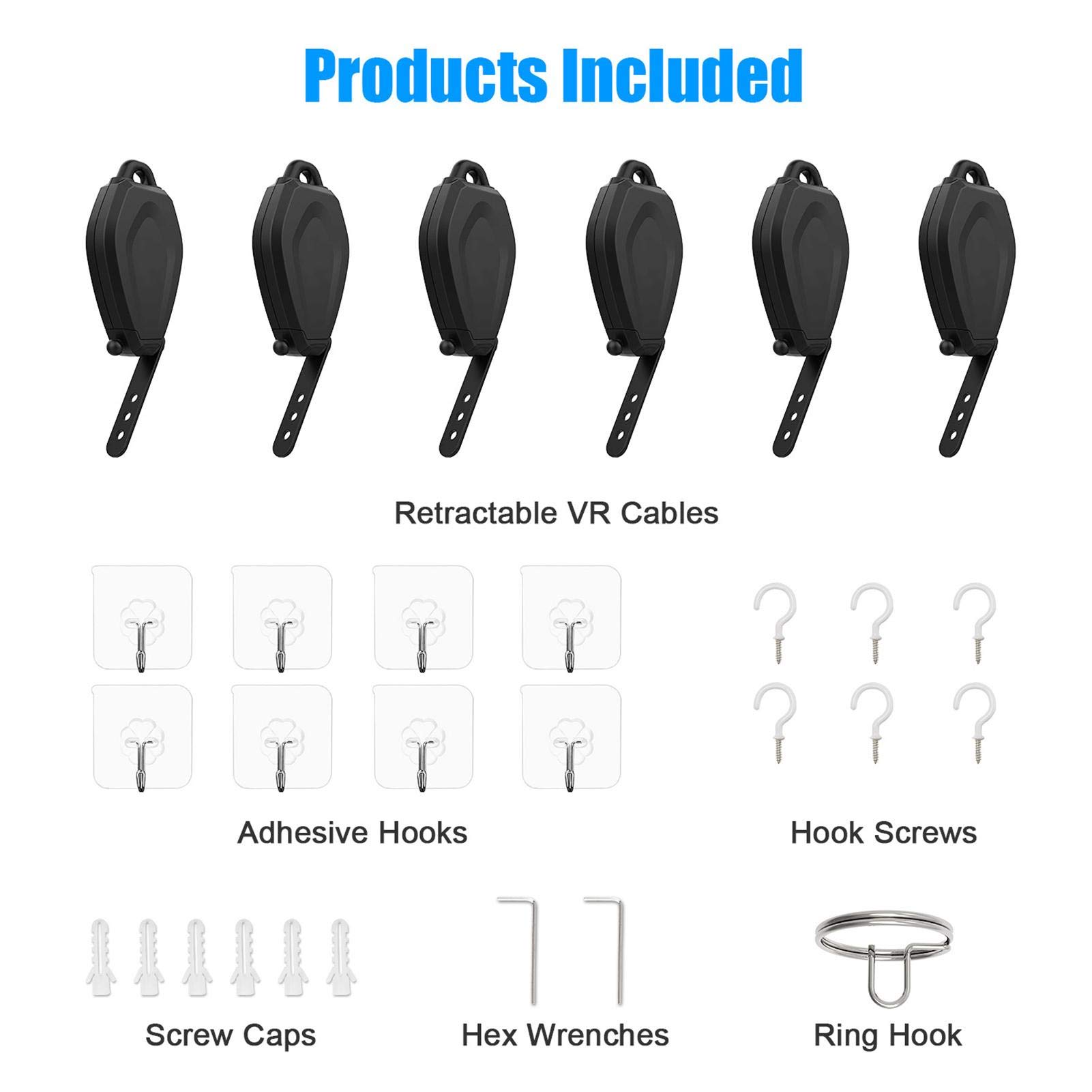 Gestion des Câbles VR, Lot de 6 Systèmes de Poulies de Plafond Rétractables avec Crochets et Vis pour Quest 2, Rift, Rift S, Valve Index,Vive, Câble de Liaison PSVR (Crochet de
