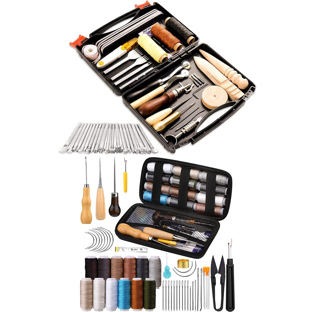 Leather Working Tools and Upholstery Repair Kit with Leather Tool Box Prong Punch Edge Beveler Wax Ropes Needles Perfect for Stitching Punching Cutting Sewing Leather Craft Making