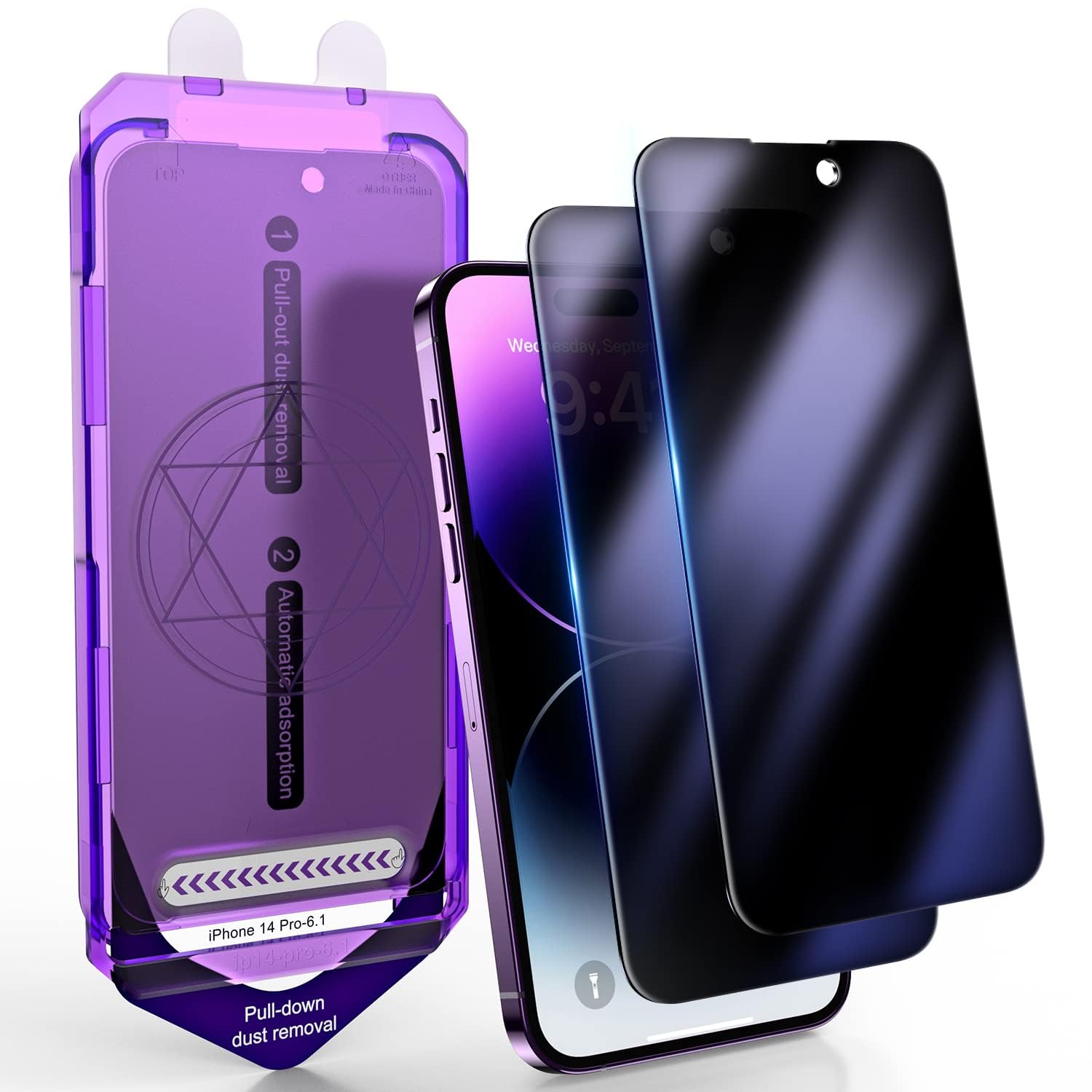 UniqueMe 2+1 Pack Compatible for iPhone 14 Pro Privacy Screen Protector 6.1 inch with Auto-Align Frame [𝐀𝐮𝐭𝐨-𝐃𝐮𝐬𝐭 𝐑𝐞𝐦𝐨𝐯𝐚𝐥], Tempered Glass Anti-Spy Anti-Blue Light Film [9D Full Coverage]