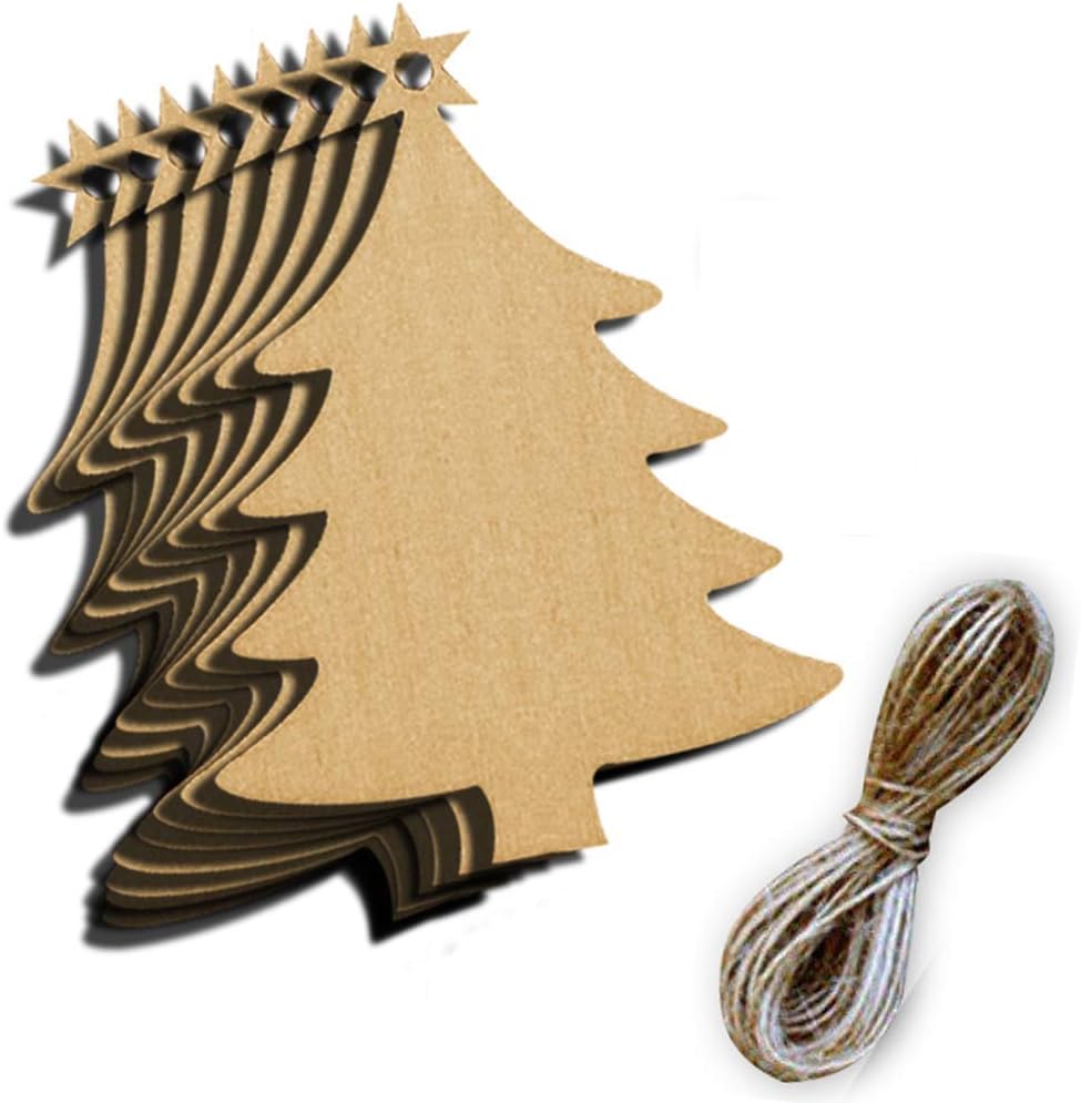 NIU MANG 20Pcs Valentine Wooden Round Baubles& Hemp Ropes,Cute Cartoon Wooden Pieces Cutouts Craft Embellishments Christmas Wooden Baubles Valentine Wedding Decor (Xmas Tree Shape