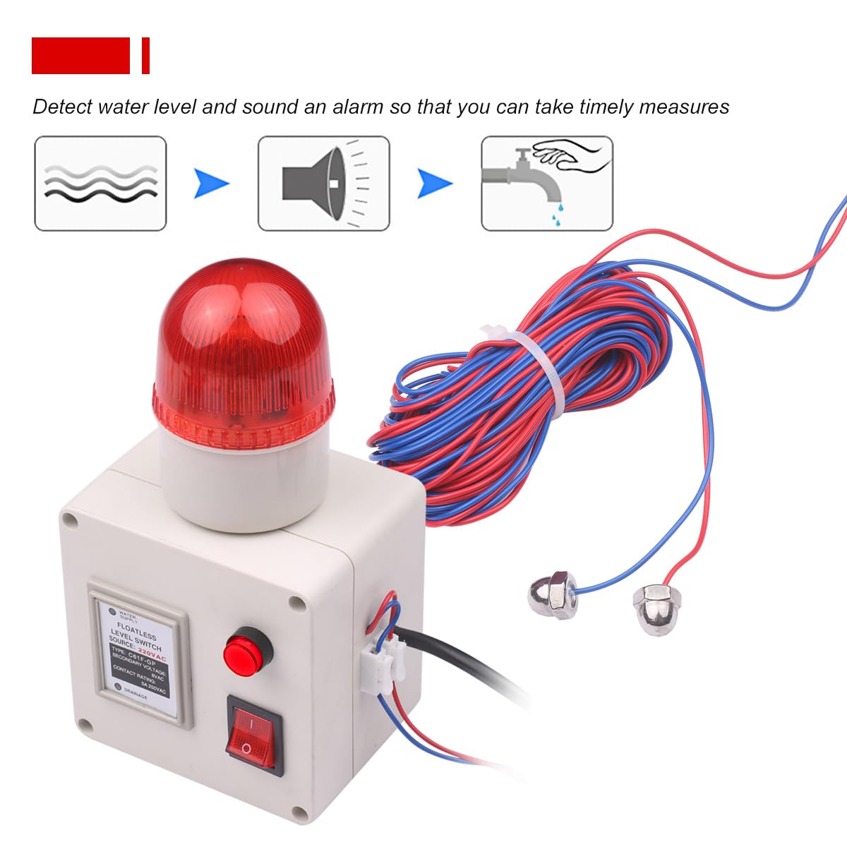 Alarme de Niveau d'eau, Sonde en Acier Inoxydable avec Câble de 15 M pour Détection de Liquide en Temps Réel avec Interrupteur Silencieux (Alarme de Niveau d'eau élevé sans Support)