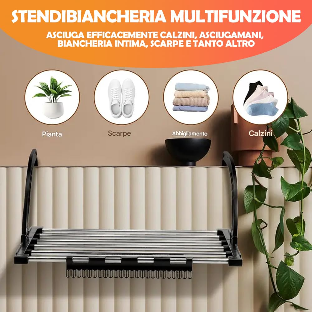 BAKAJI Stendibiancheria da Balcone Estensibile e Pieghevole in Acciaio Inossidabile, Stendino Salvaspazio Allungabile da 62 a 110 cm per Bucato con Supporto Calzini e Intimo, Stendipanni da Ringhiera