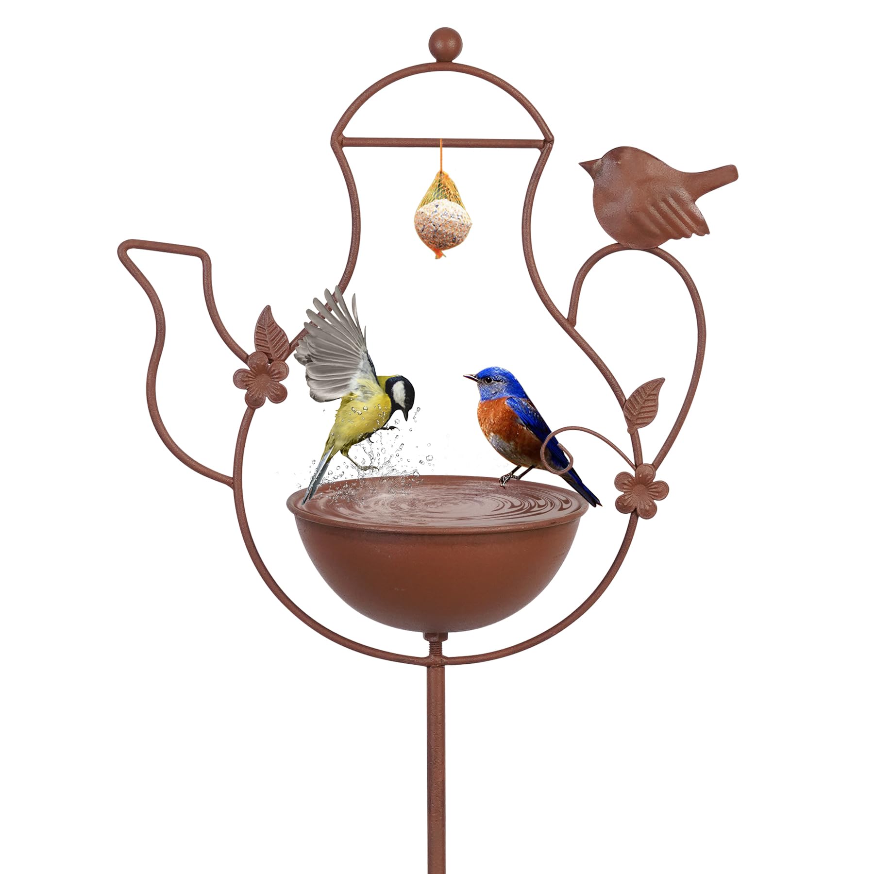 GHIAKQYT Bebedero para pájaros para baño de pájaros, Cuenco para comedero de Agua de pie para pájaros en Varilla de jardín, pociones de Agua, Cuenco de Agua de Hierro Fundido, Enchufe de jardín