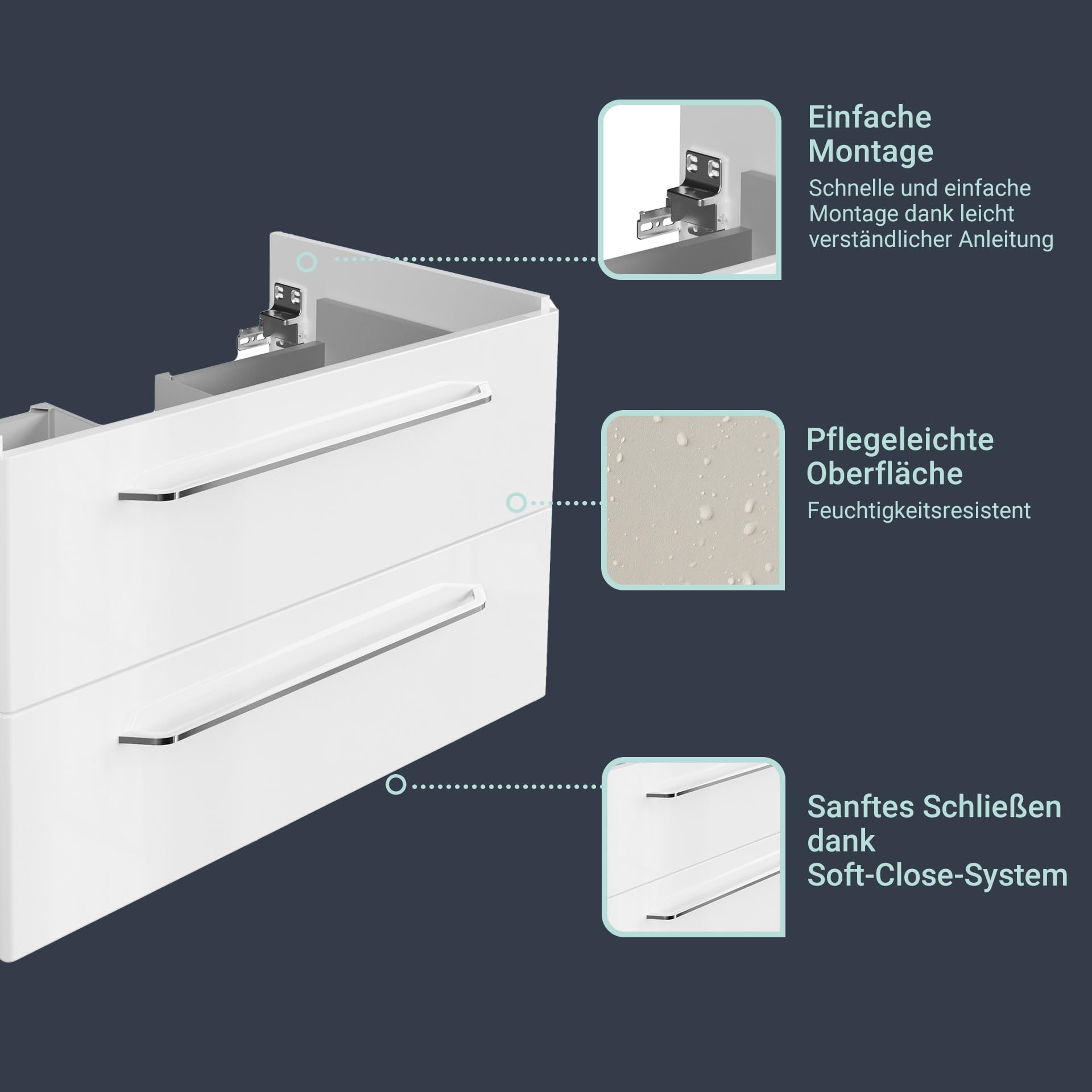 BadeDu NES Waschbeckenunterschrank in Weiß – 80cm breiter Waschtischunterschrank, Zeitlos moderner Stil, 2 Schubladen mit Soft-Close – Made in Germany