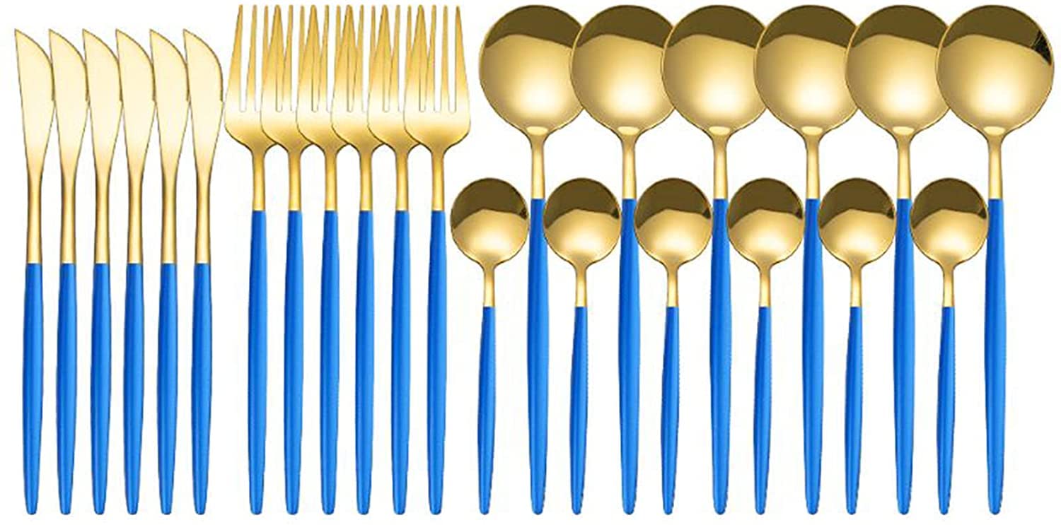 24 PCs Golden Flatware, Silverware Set Cutlery Set Stainless Steel Tableware Kitchen Set Dinnerware Spoon Fork Knife Dinner Set Utensils Set (Blue, 24)