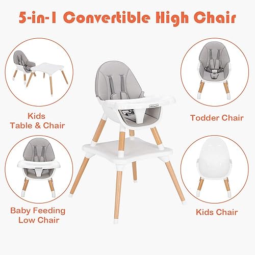 Miniatura 5 de JOYMOR Silla alta convertible 5 en 1 para bebés y niños pequeños, juego de mesa y silla, trona de madera para comer con cojín de asiento de cuero,