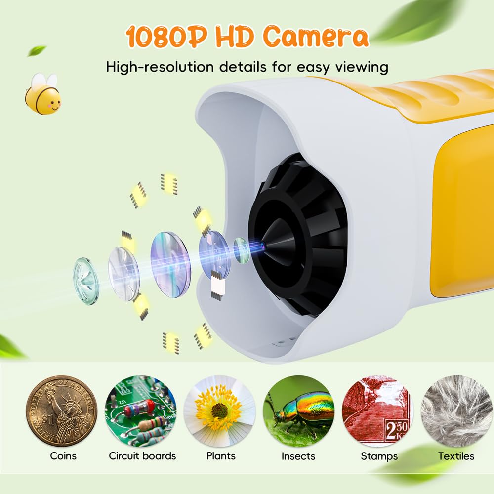 1000X Microscopio Bambini, Temodu Microscopio Digitale Bambini da 2.4‘’, con 8 luci LED Regolabili, può essere utilizzato come regalo di compleanno o di Natale 3 agli (White+Yellow)