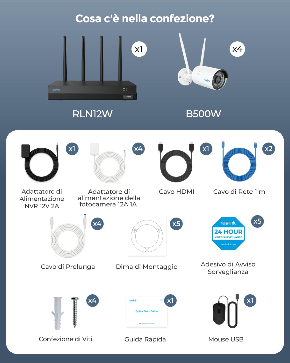 Reolink 5MP Kit Videosorveglianza WiFi dual-band 2,4/5 GHz, 4x Telecamera Wi-Fi Esterno + NVR 12 Canali con HDD 1 TB, Rilevamento Smart, Visione Notturna a 30m, Registrazione 24/7, RLK12-500WB4