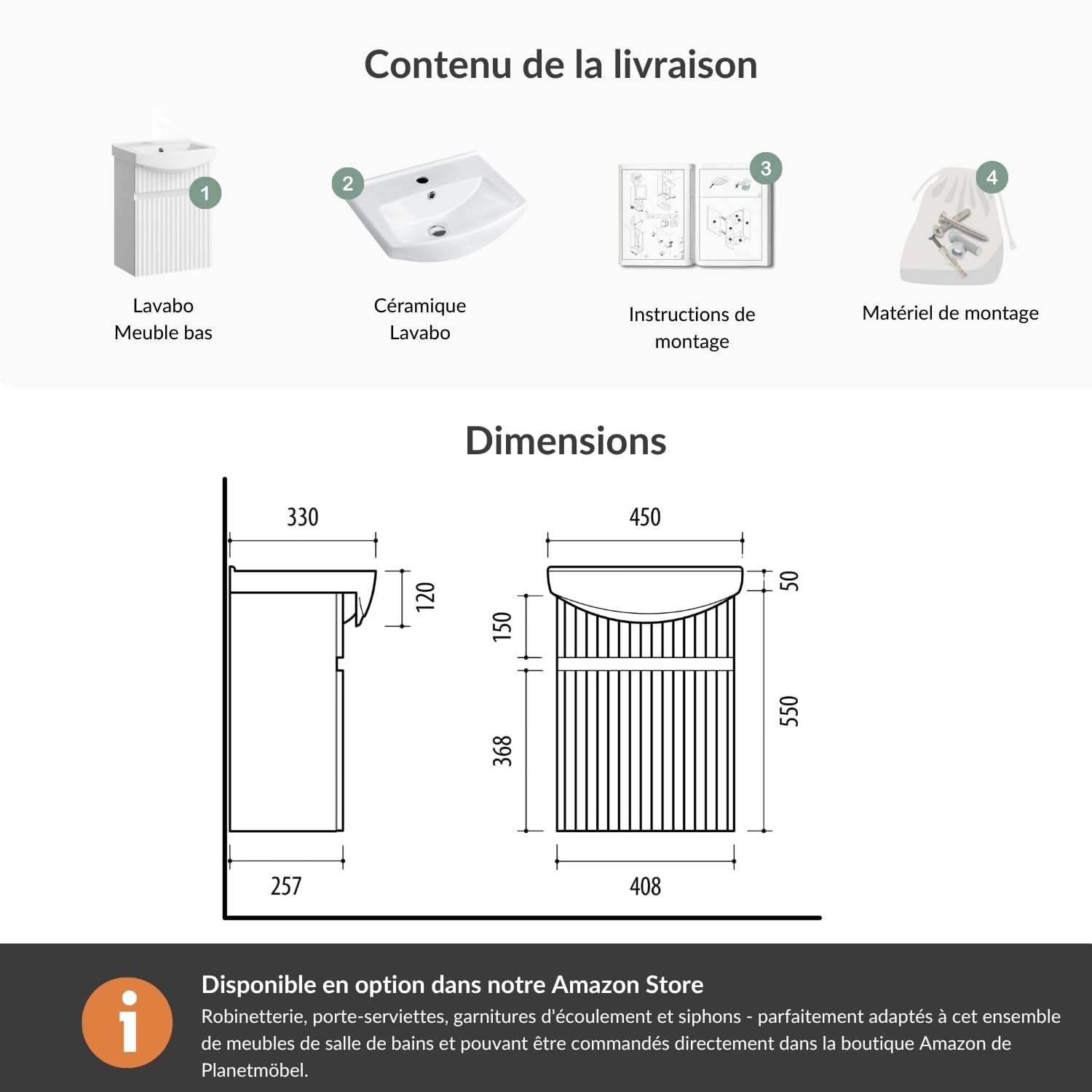Planetmöbel Meuble sous lavabo Suspendu 45 cm avec Vasque en céramique, Blanc Mat, pour Petites salles de Bains et WC invités