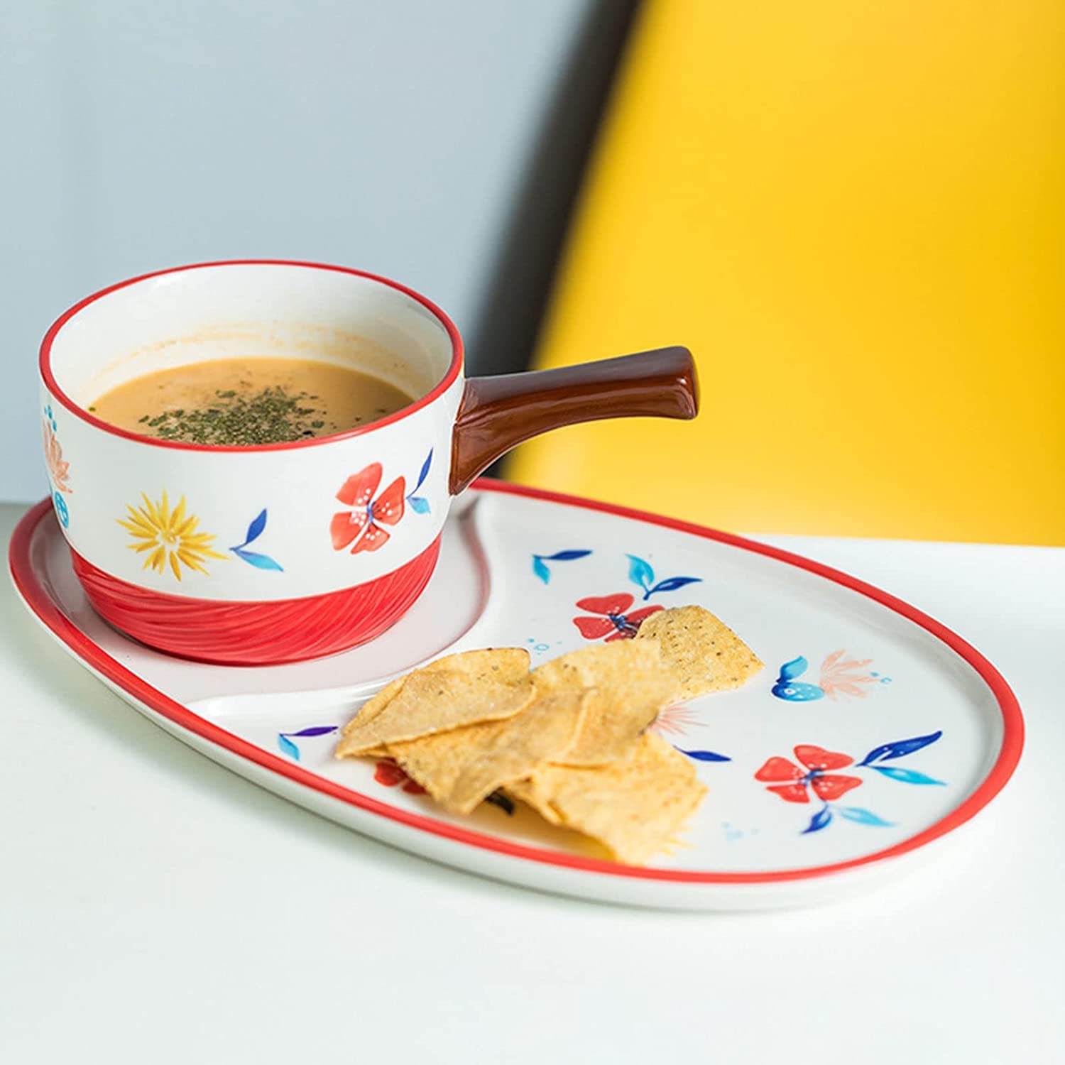 HEAGER Keramik Schüssel, Suppe Schüssel, Keramik-Cremesuppenschüsseln und -Untertassen, Teller- und Schüssel-Set for 1 Person, Frühstücksschüsseln mit Crackerhalter.-rot
