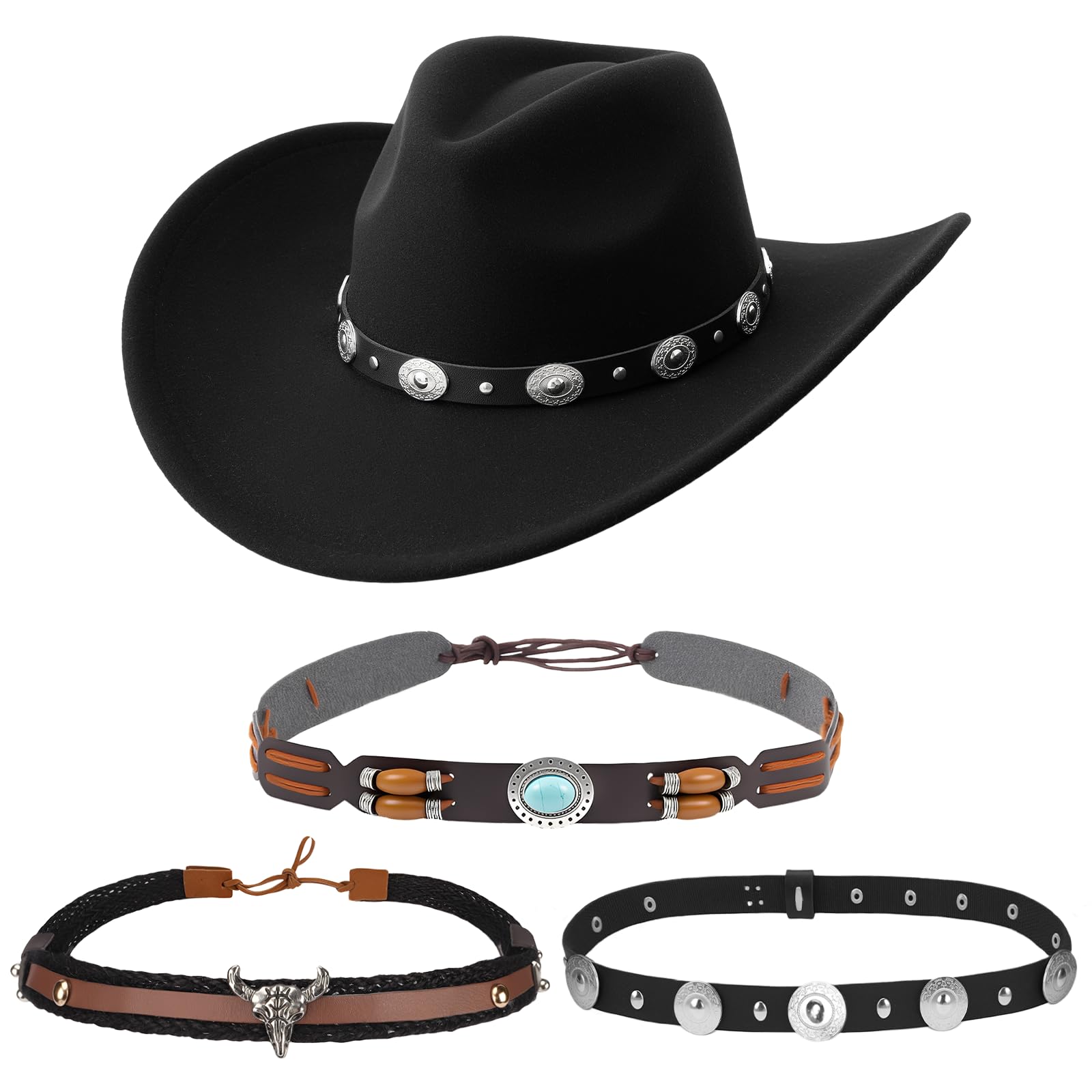 Kyndara 4Pcs Western Cowboy Hat for Men Women, Wide Brim Cowgirl Hat with Hat Bands for Adult Masquerade Western Theme Parties Country Concert Black