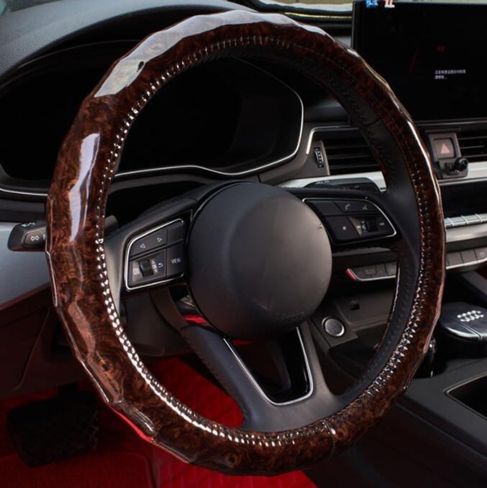 GZE Wood Grain Car Steering Wheel Covers 15 Inch Universal Anti-Slip Luxury Interior Decorations Durable Leather Steering Wheel Protector (Orange)