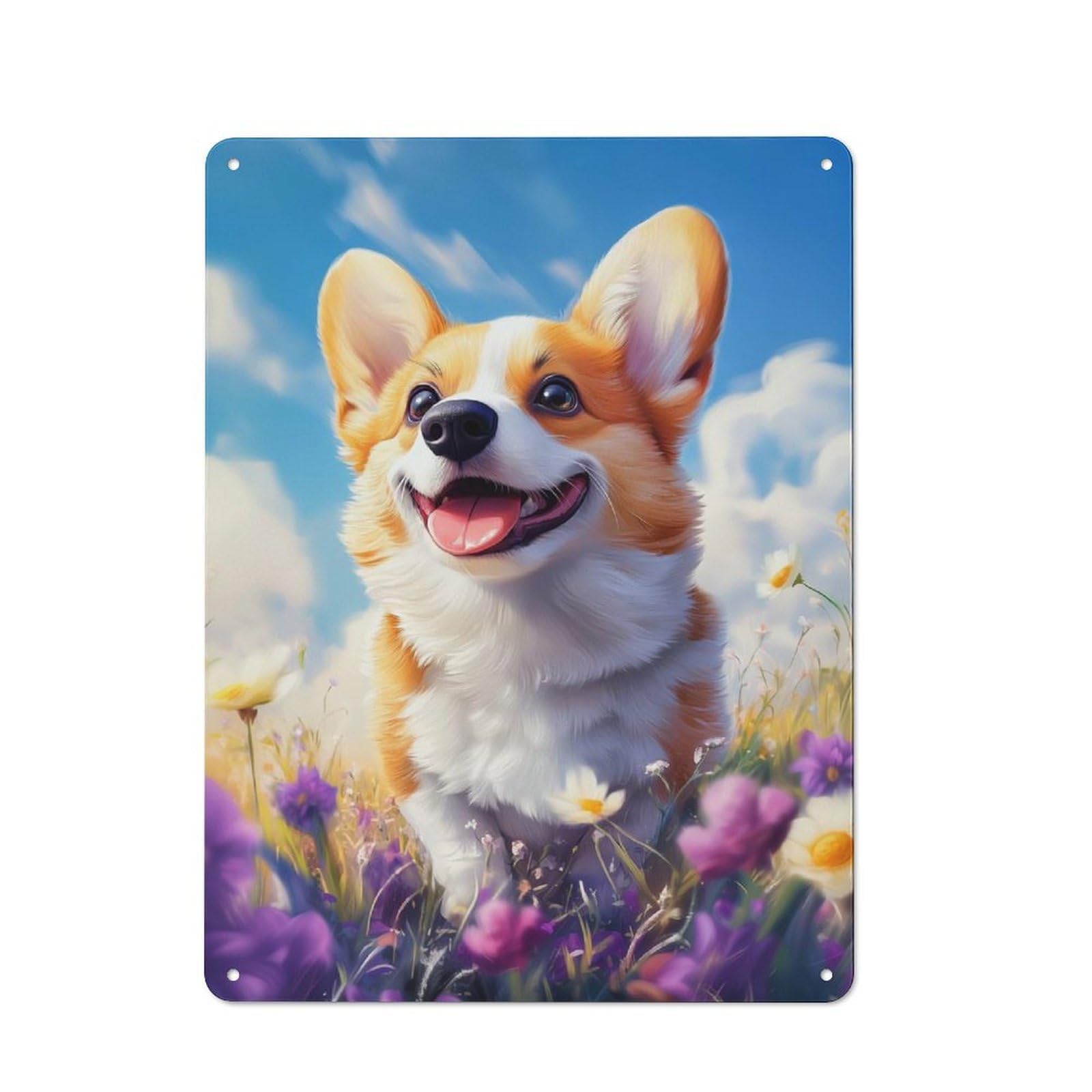 Junmoney Smiling Welsh Corgi In Flowers Vintage Tin Wall Plaque 40X30cm For Studio Or Craft Room, For Garage, Workshop And Man Cave Decoration