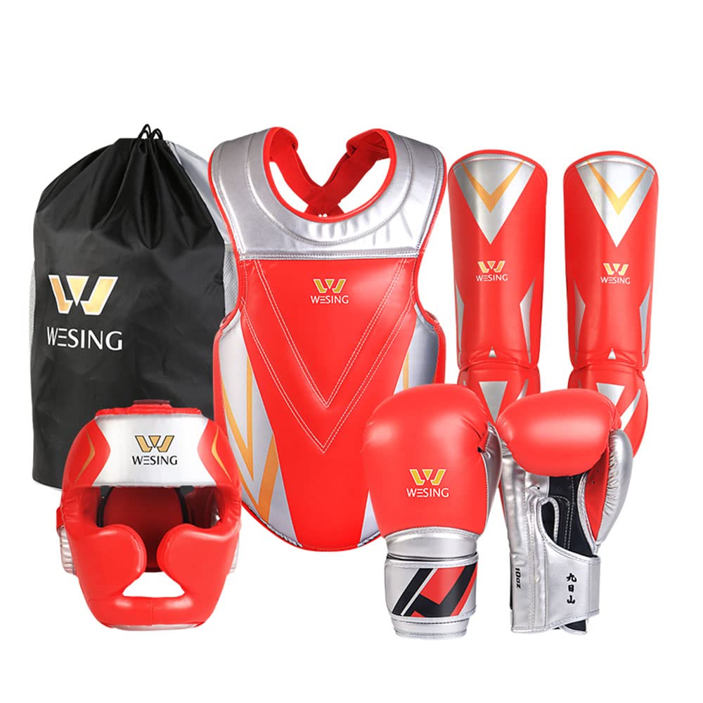 Wesing Boxing Protective Gear for Men Women Set Sanda Kickboxing Gear MMA Muay Thai Boxing Equipment 5pcs Set (S, Red)