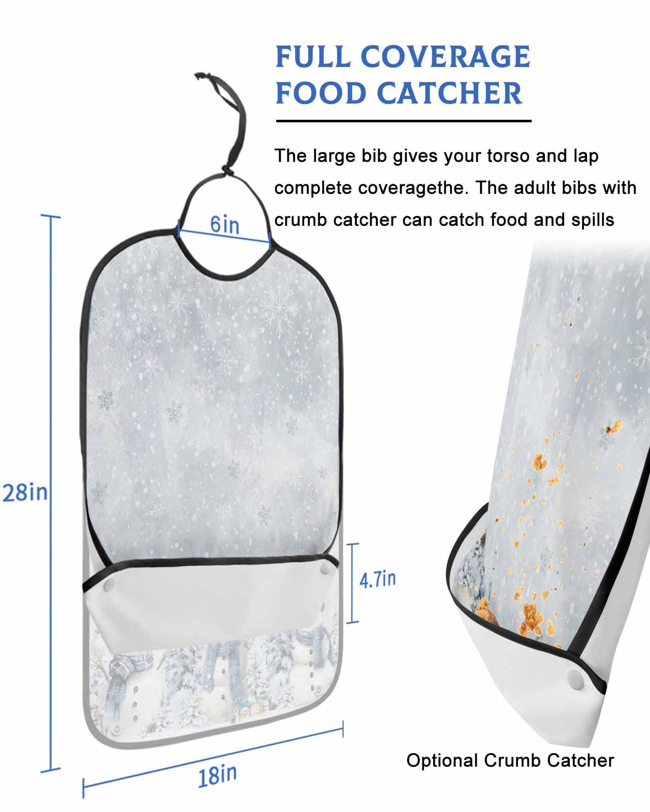 Christmas Snowman Adult Bib for Adults Men, Women, Snowflakes Winter Xmas Pine Snow Tree Washable & Adjustable Terry Cloth Bib with Crumb Catcher Reusable Waterproof Clothing Clothes Protector Apron