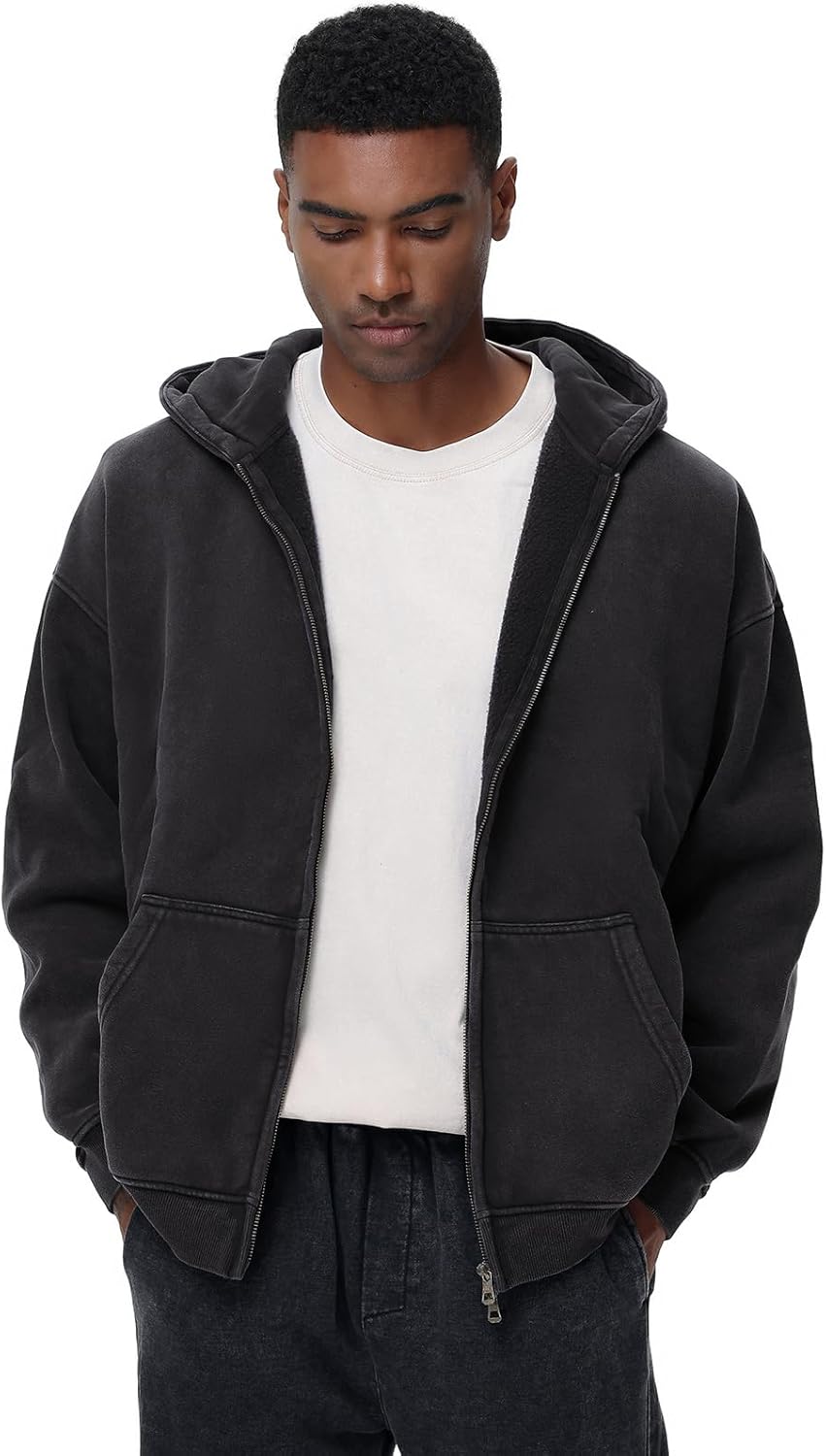 ATOFY Mens Womens Fleece Double Zip Up Hoodies Oversized Acid Wash Vintage Heavyweight Sweatshirt Hooded Jacket - Image 6