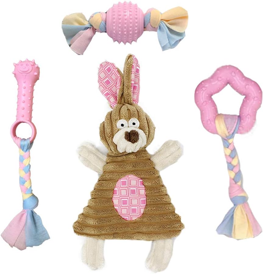 Volacopets Puppy Toys for Teething Small Dogs Interactive Dog pet Chew Toy Soft Rubber Puppies Cute Pink Bunny, 4-Pack