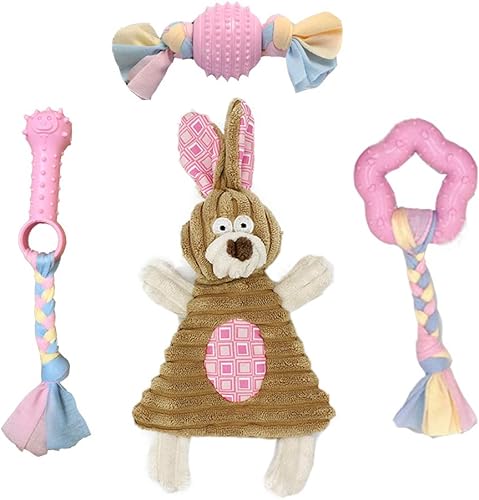 Juguetes interactivos para cachorros para dentición de perros pequeños, juguete masticable de goma suave, conejito rosa, raza pequeña, paquete de 4