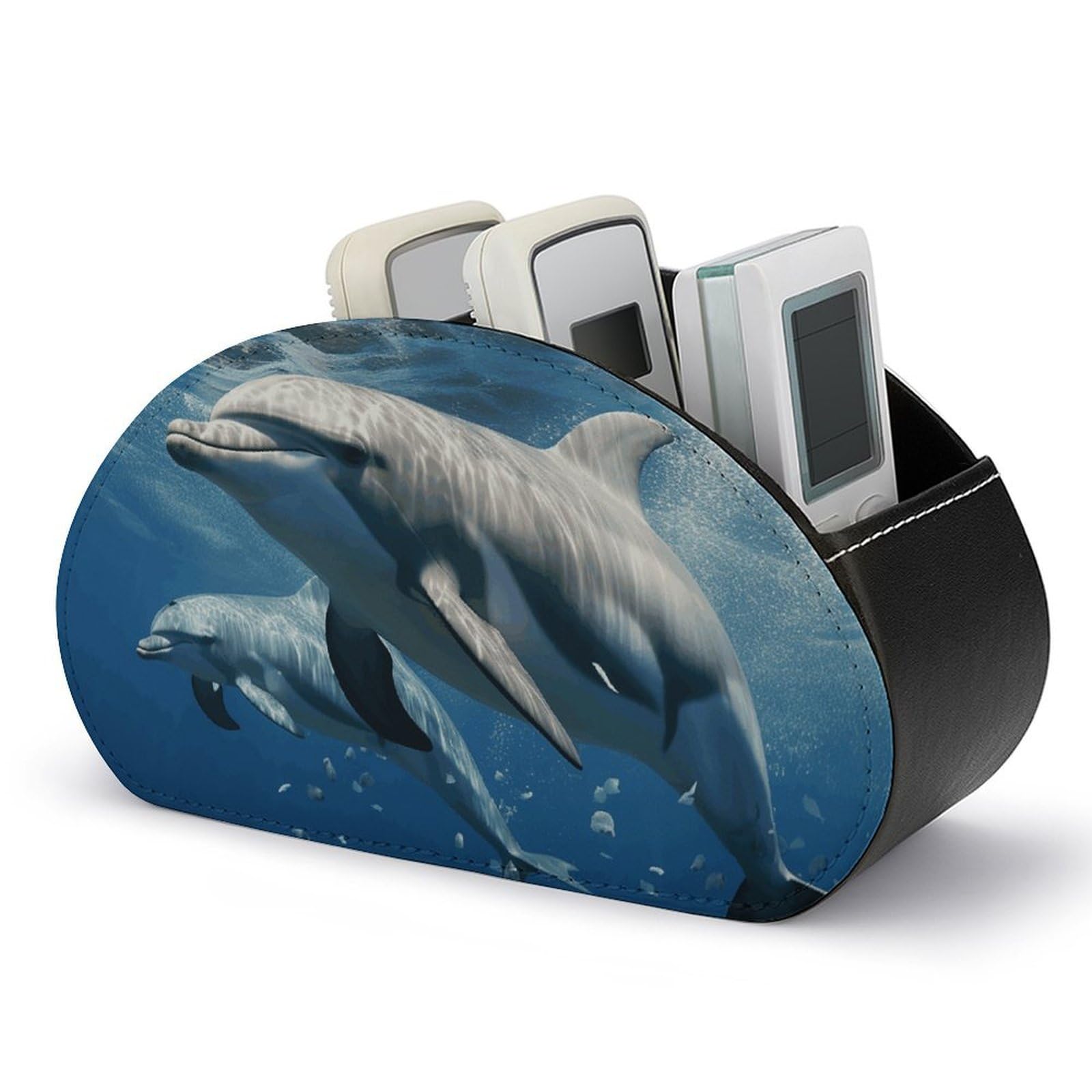 VstaDank Cute Dolphins Remote Control Holder with 5 Compartments PU Leather Remote Caddy Desktop Organizer Store TV Remote Control Storage Box for Home Office Desk Nightstand