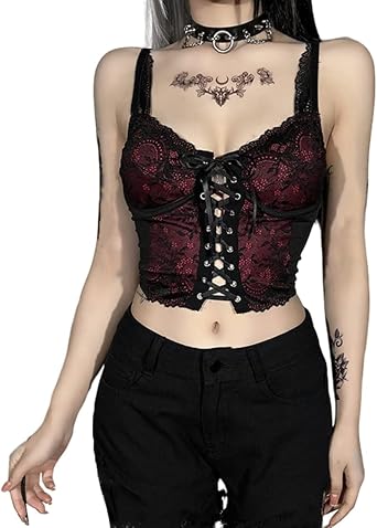 Women Goth Crop Top Sexy Summer Gothic Clothes Lace Cami Grunge Tank Tops Y2K Bodycon Corset Punk Rock Rave Top