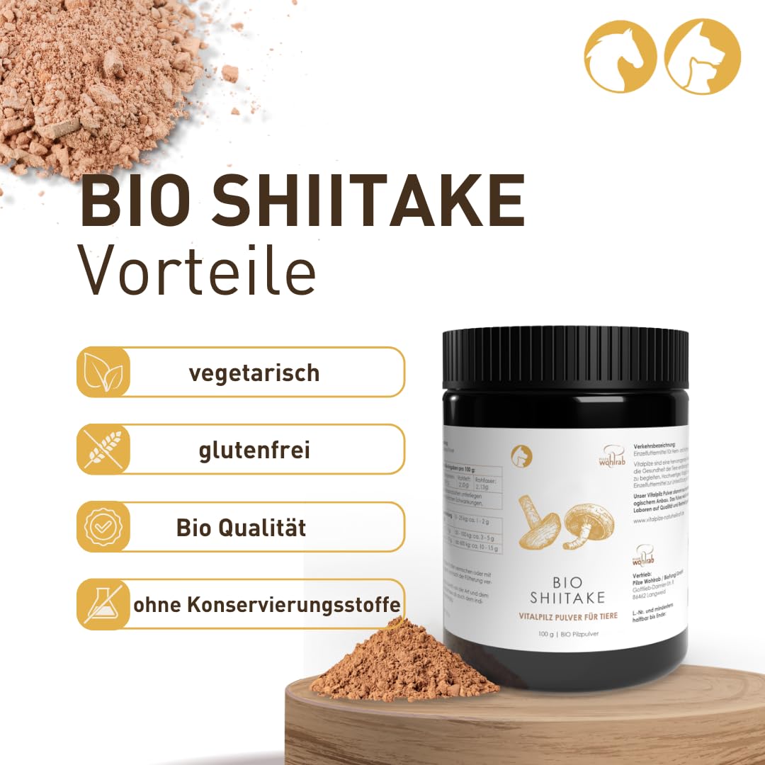 Bio Shiitake Pulver für Tiere - 100 g Dose - Reines Shitake Pilze Pulver - Pilzpulver in höchster Bio-Qualität - Vitalpilze