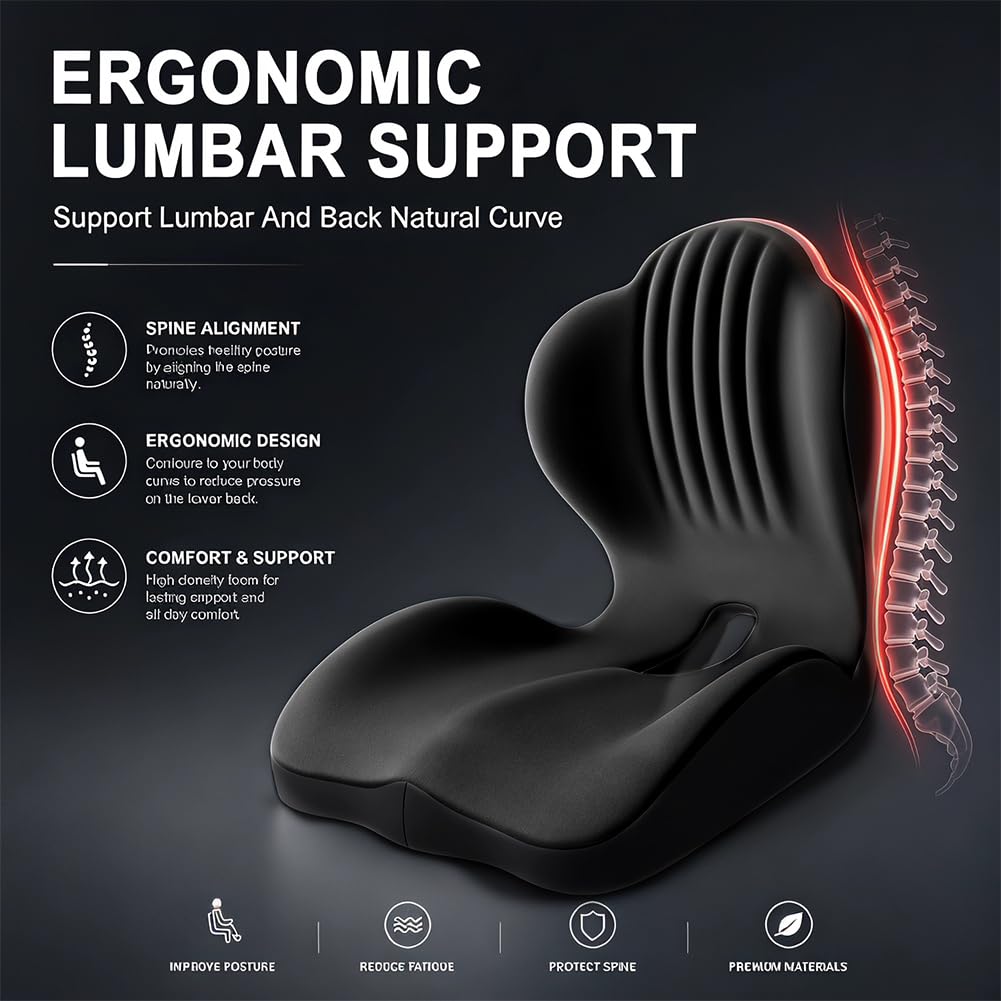 Gohytal Cuscino per sedia da ufficio con schienale, cuscino ortopedico, a forma di L, in memory foam, supporto lombare per sedia da ufficio, sedile auto, casa (nero)