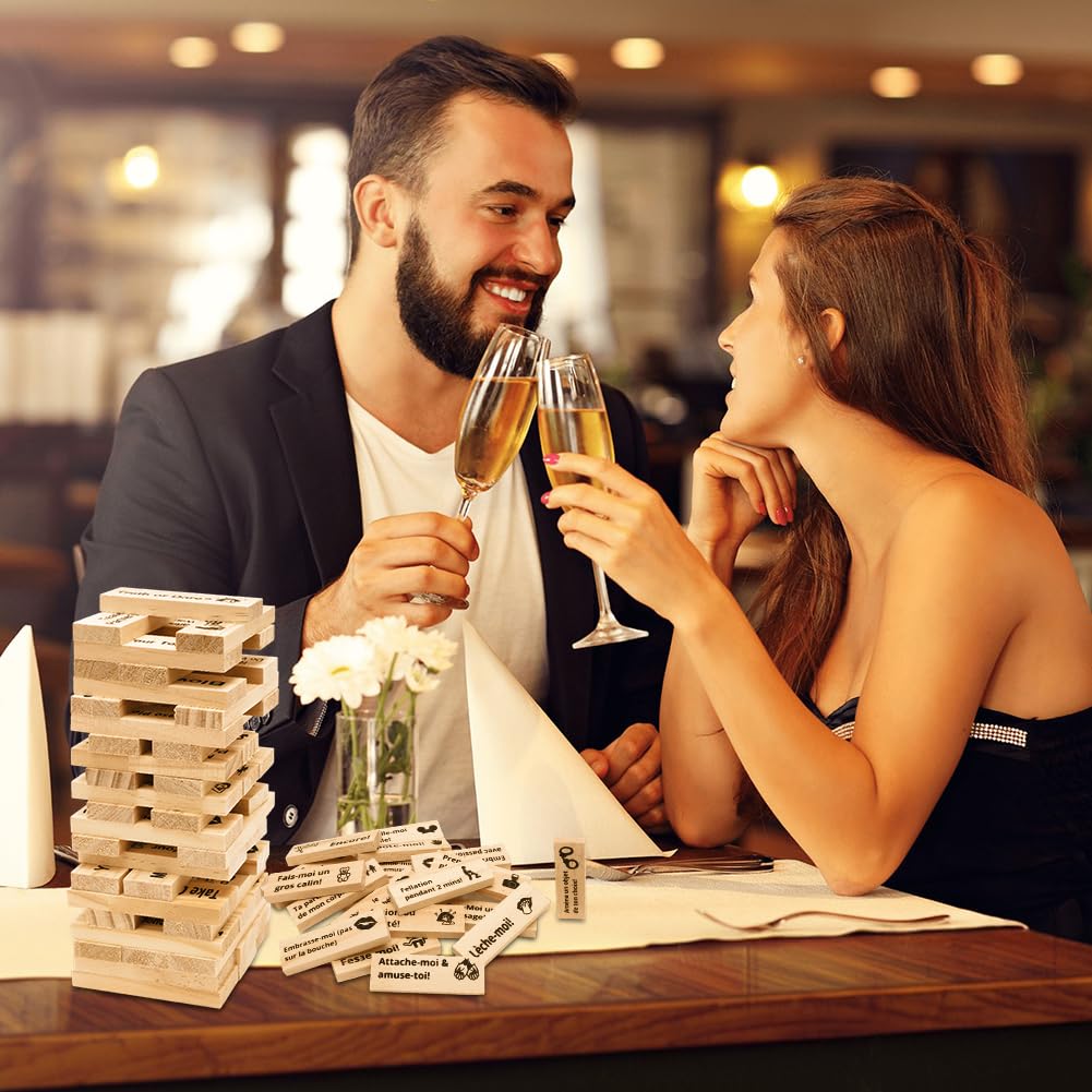 DASIAUTOEM Jeu de Tour de Blocs Coquins 48 Pièces, Lust Tower pour Couples, Jeu Coquin de Tour Infernale pour Adultes, Blocs Empilables en Bois, Cadeaux de Rencontre pour Couples Adultes