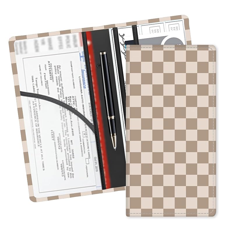 Porta-Documentos Automotivo em Couro Sintético para Porta-Luvas, Cartões de Seguro e Licenciamento, ADUQLZUX, Xadrez Bege