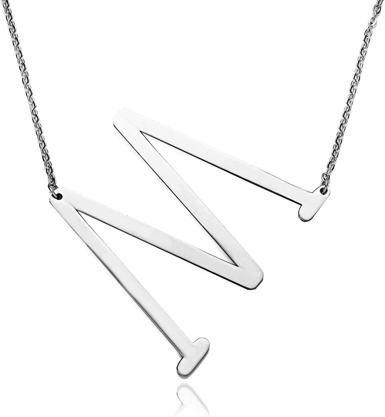 RINHOOStainless Steel Large Silver Initial Alphabet 26 Big Letters Script Name Pendant Chain Necklace from A-Z