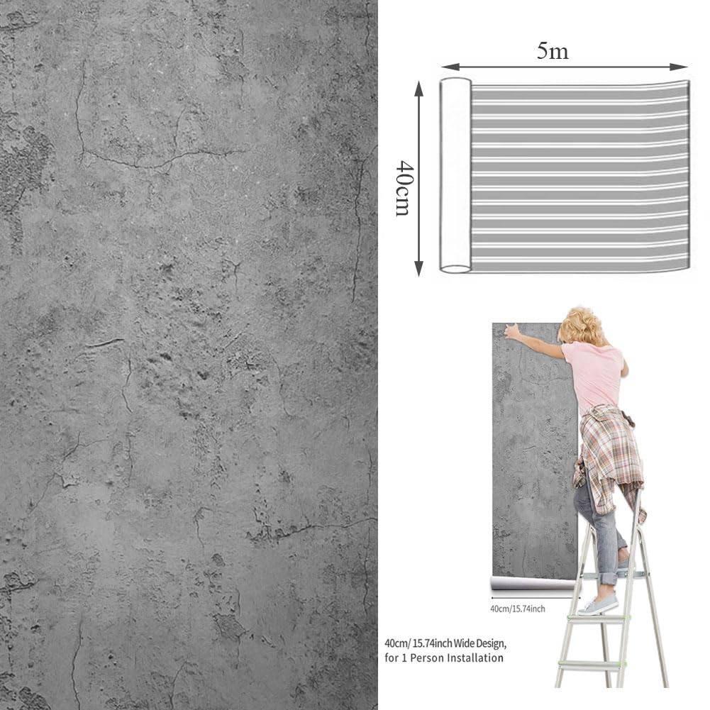 Bai You Mei Carta da Parati Autoadesiva Concrete Ottica Effetto Cemento Grigio 40x500cm Pellicola Lavabile per Top Cucina Scrivania Tavolo Rivestimento Vintage per Mobili Adesivo Vinile