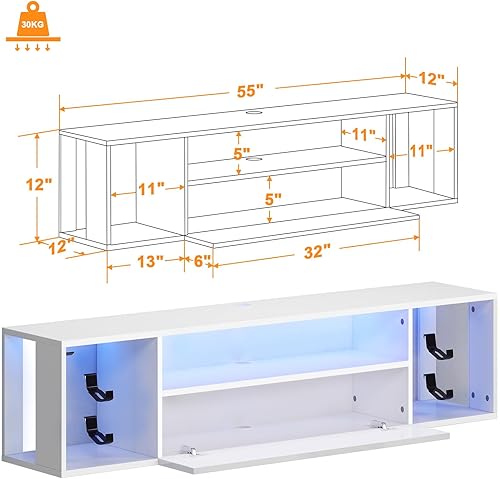 Miniatura 2 de SogesHome Soporte de TV flotante de 55 pulgadas con luces LED, centro de entretenimiento montado en la pared con 3 estantes de almacenamiento,