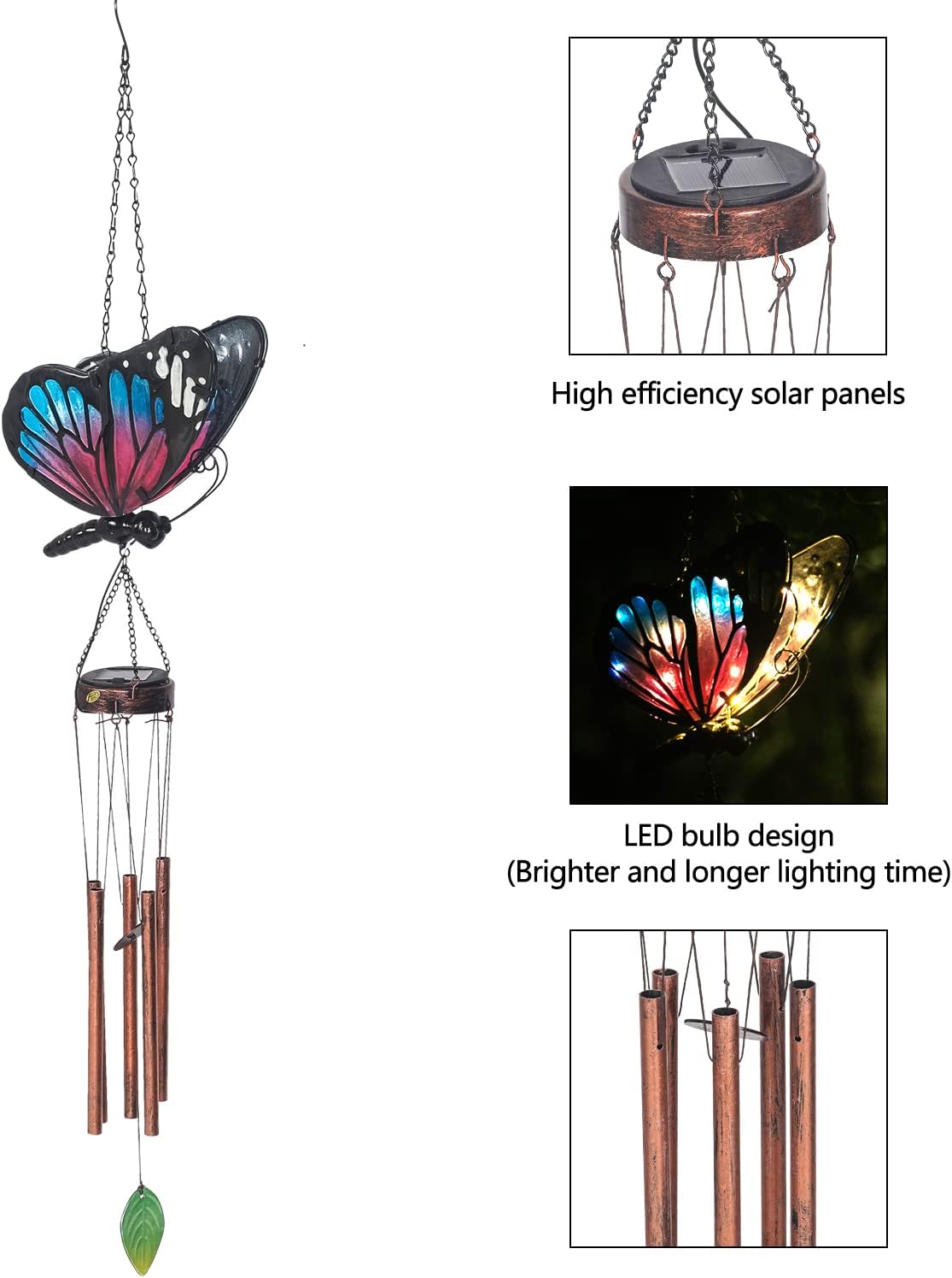 Solar Wind Chimes Outdoor Butterfly Hanging Wind Chimes Outside Decor for Patio, Porch, Garden(Blue)