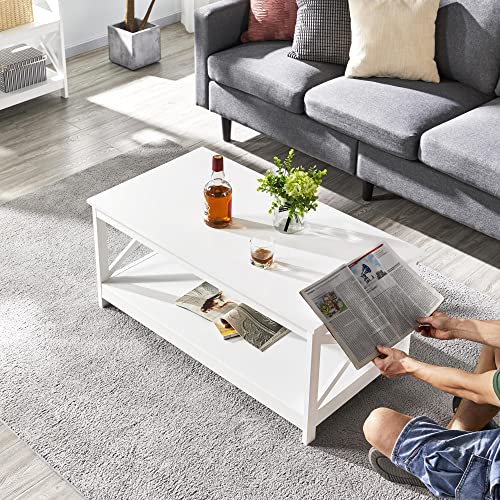 Yaheetech Couchtisch Kaffeetisch mit 2 Ablagen Sofatisch X-Form Stütze Wohnzimmertisch aus Holz Einfacher Aufbau Moderner Beistelltisch für Wohnzimmer/Balkon/Büro, 100 x 50 x 45 cm Weiß – Bild 3