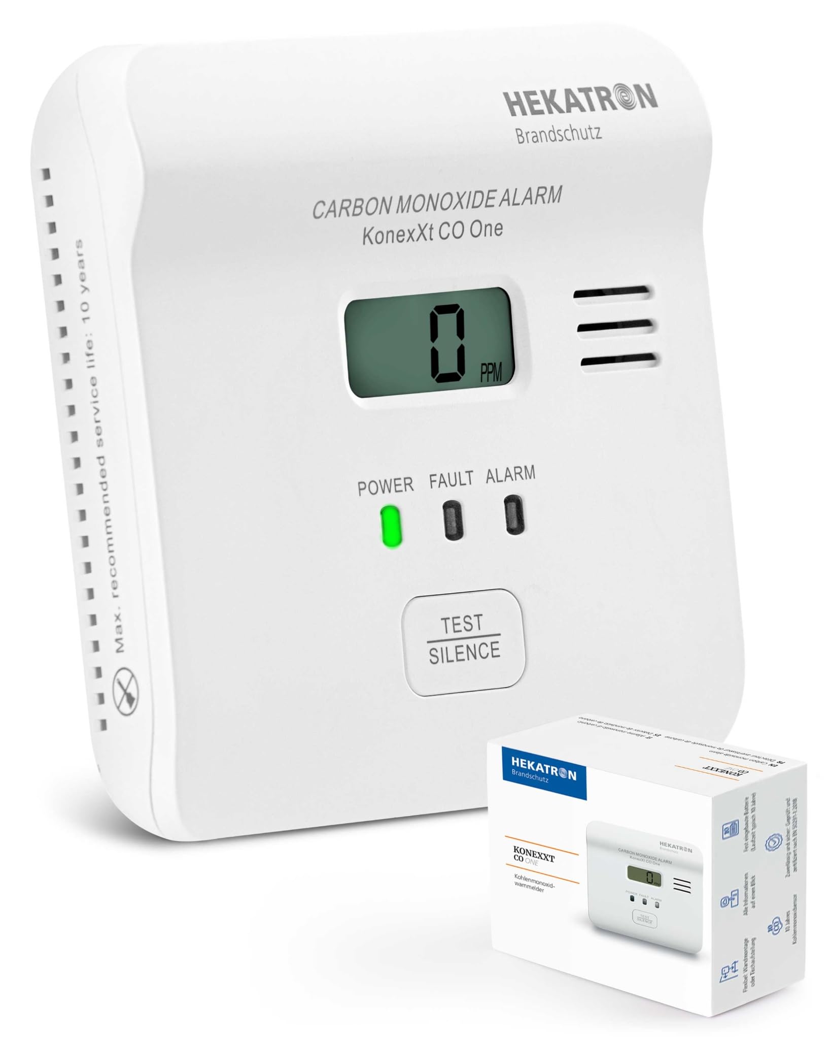 Hekatron KonexXt CO One – Kohlenmonoxid Melder 10 Jahre Batterie – CO Melder mit übersichtlichem Display und Test-Alarm-Taste, einfache Installation
