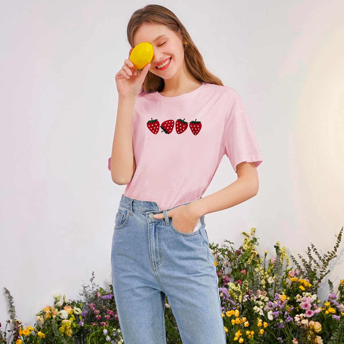 Strawberry Shirt for Women Fruit Graphic Tee Embroidered Strawberry T-Shirt Short Sleeve Gardener Gift Tee Tops - Image 2