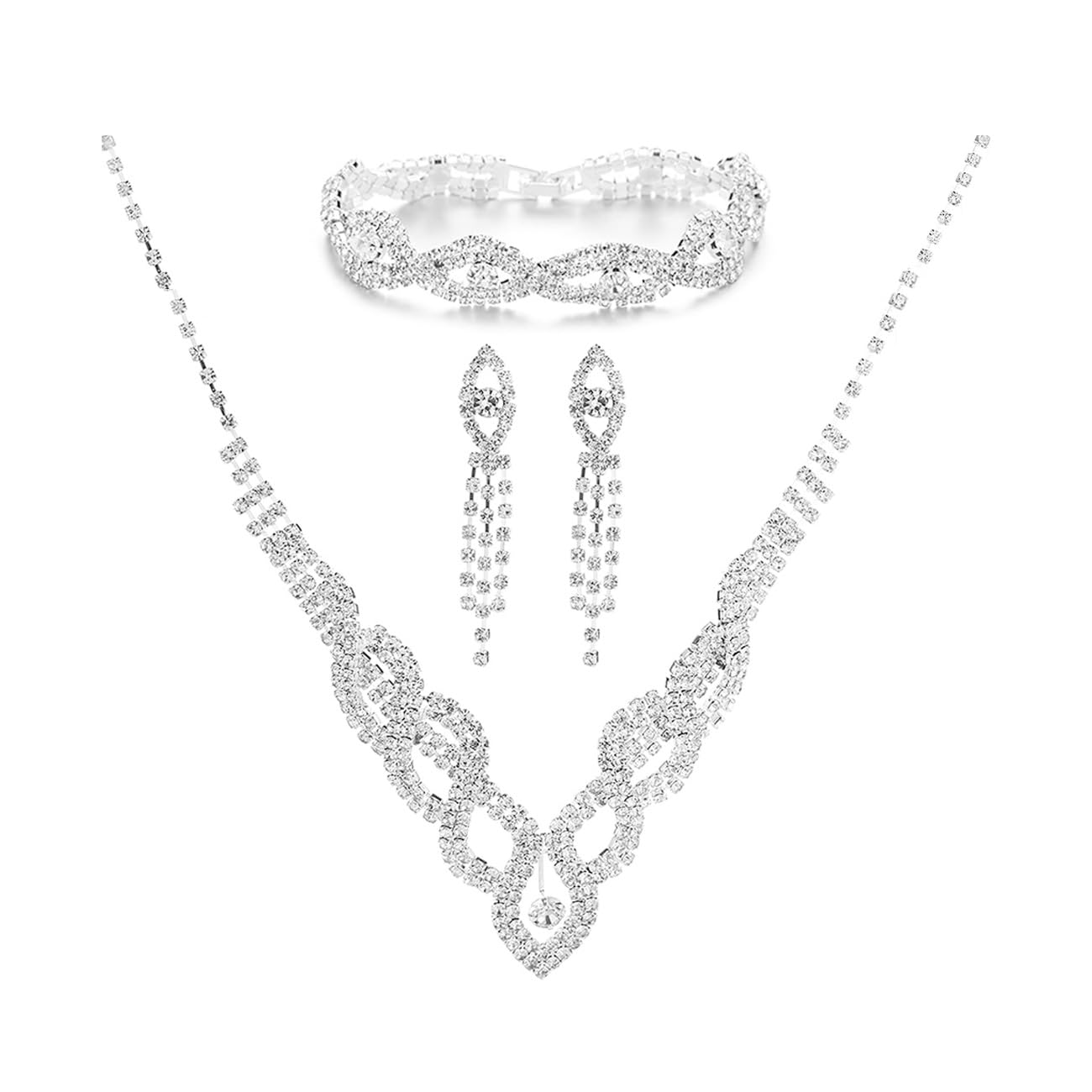 TOEECY Conjunto de Joyas Novia Cristal Collar Diamantes de Imitación de Plata Pulsera Pendientes Juegos de Joyas para Mujer Boda