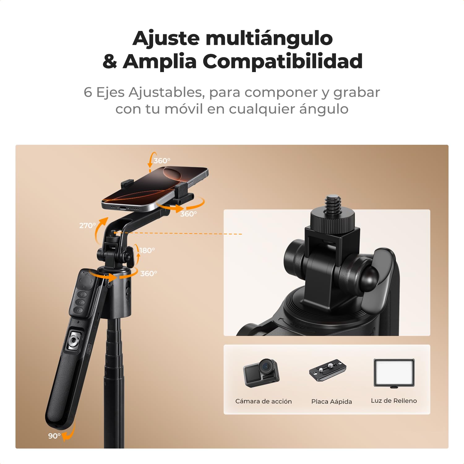 K&F CONCEPT Palo Selfie 180CM, Adaptado para dji OSMO Pocket 4&3/Luna Ultra, Trípode de Seguimiento AI 360°, Despliegue Automático y Plegado Rápido, 2 Anillos de Luz, 7 en 1 para Video/Vlog/Live