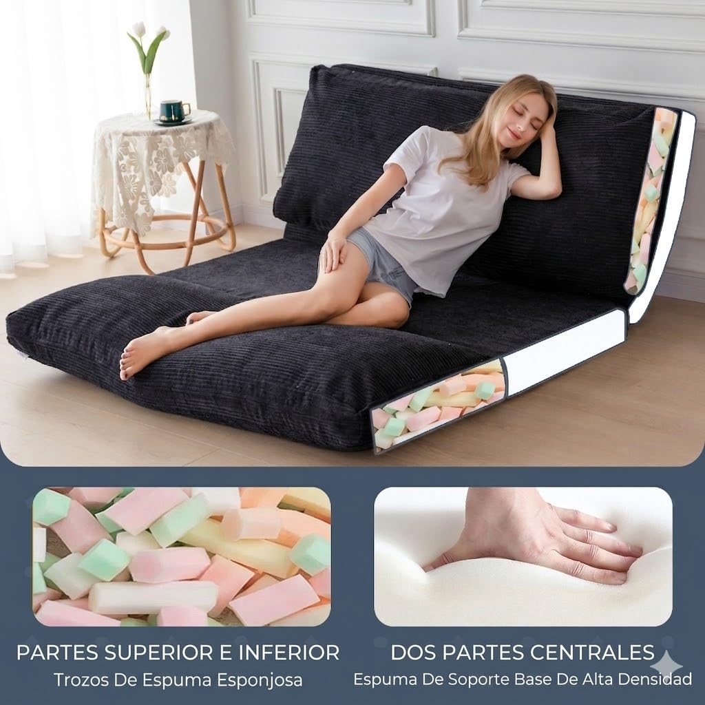 MAXYOYO - Puf plegable de pana con relleno de espuma, extra grueso, 4 capas, colchón/sofá de suelo para adultos, funda extraíble y lavable a máquina, color negro, 135 x 240 cm